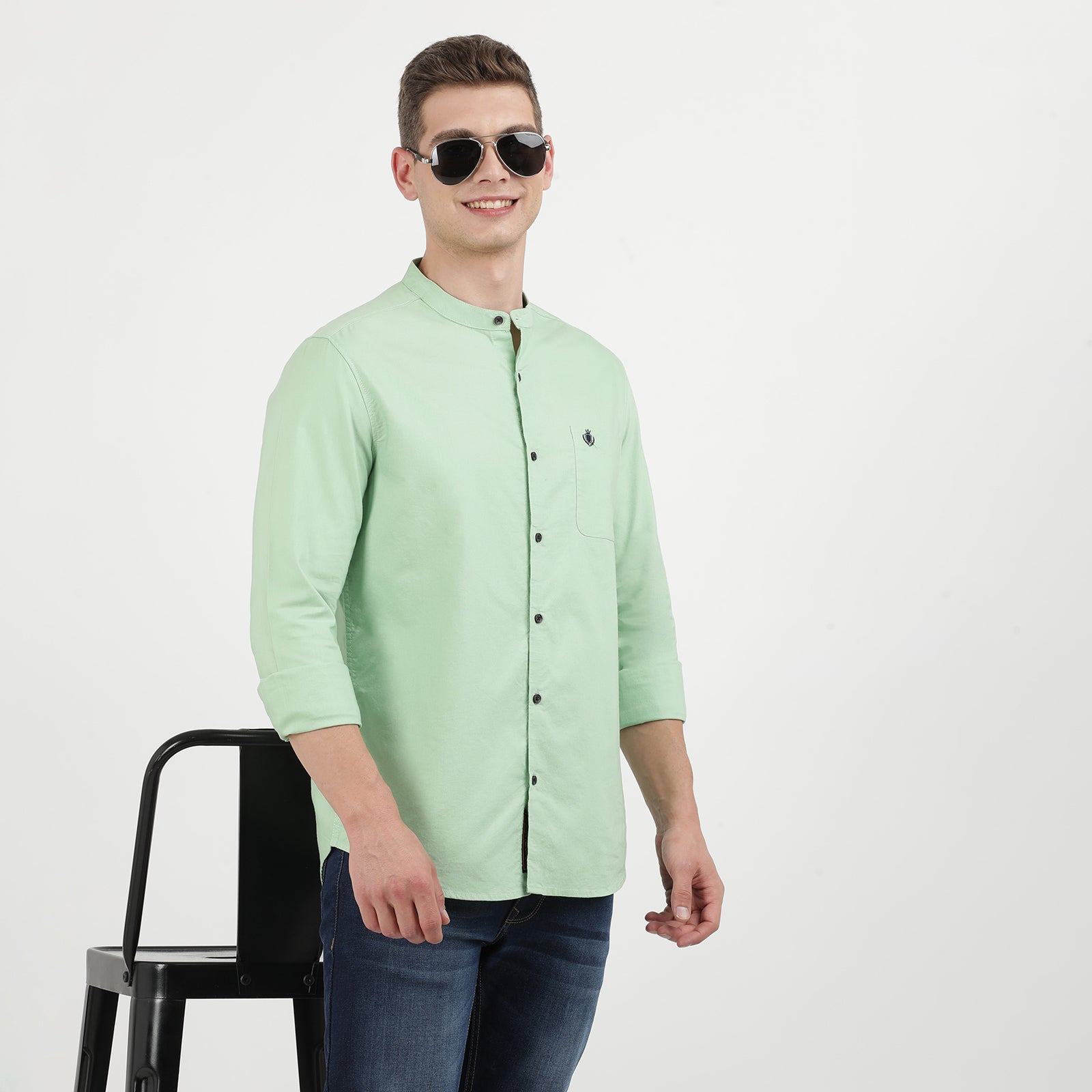 Green Solid Oxford Fabric Mandarin Collar Full Sleeve Casual Shirt