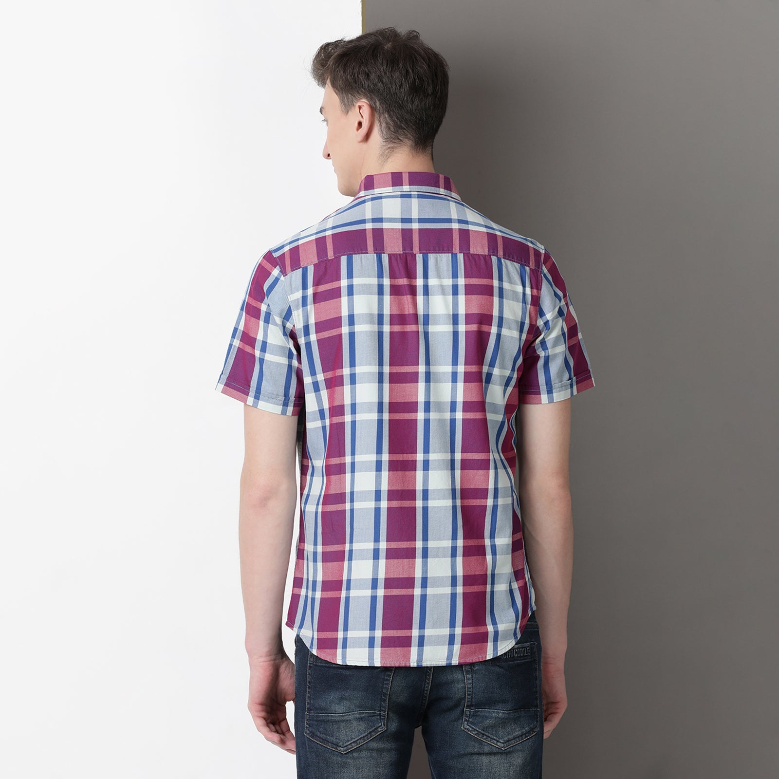 Purple & Blue Half Sleeve Checks Shirt