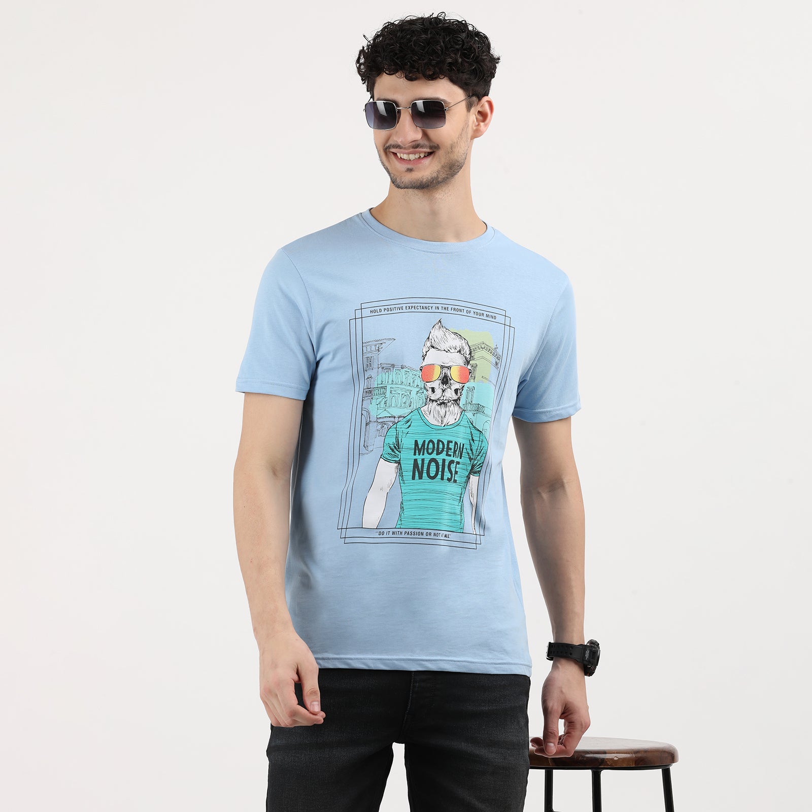 Powder Blue Modern Noise Crew Neck T-Shirt