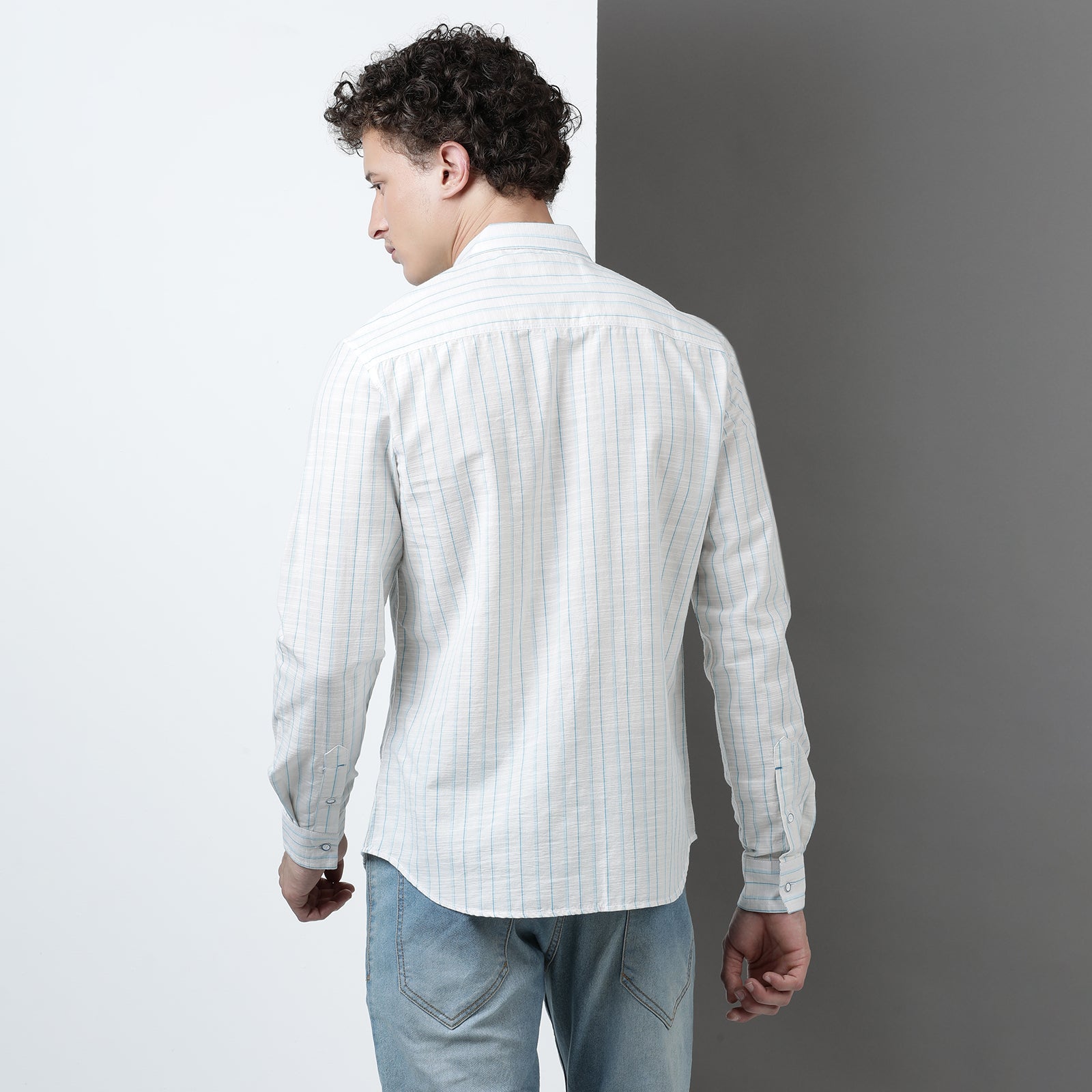 Cream & Blue Yarn Dyed Strips Full Sleeve Shirt