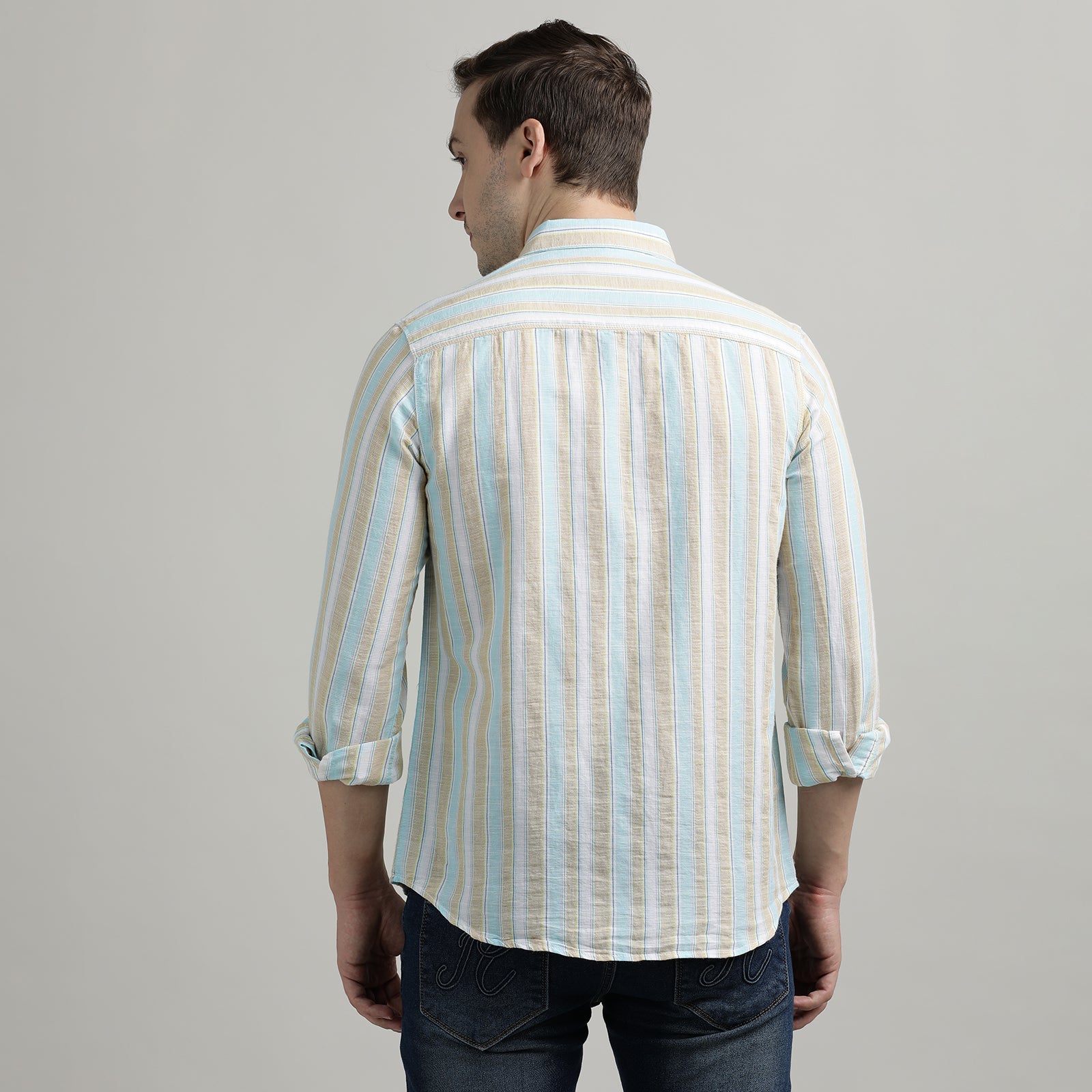 Beige & Blue Striped Full Sleeve Shirt