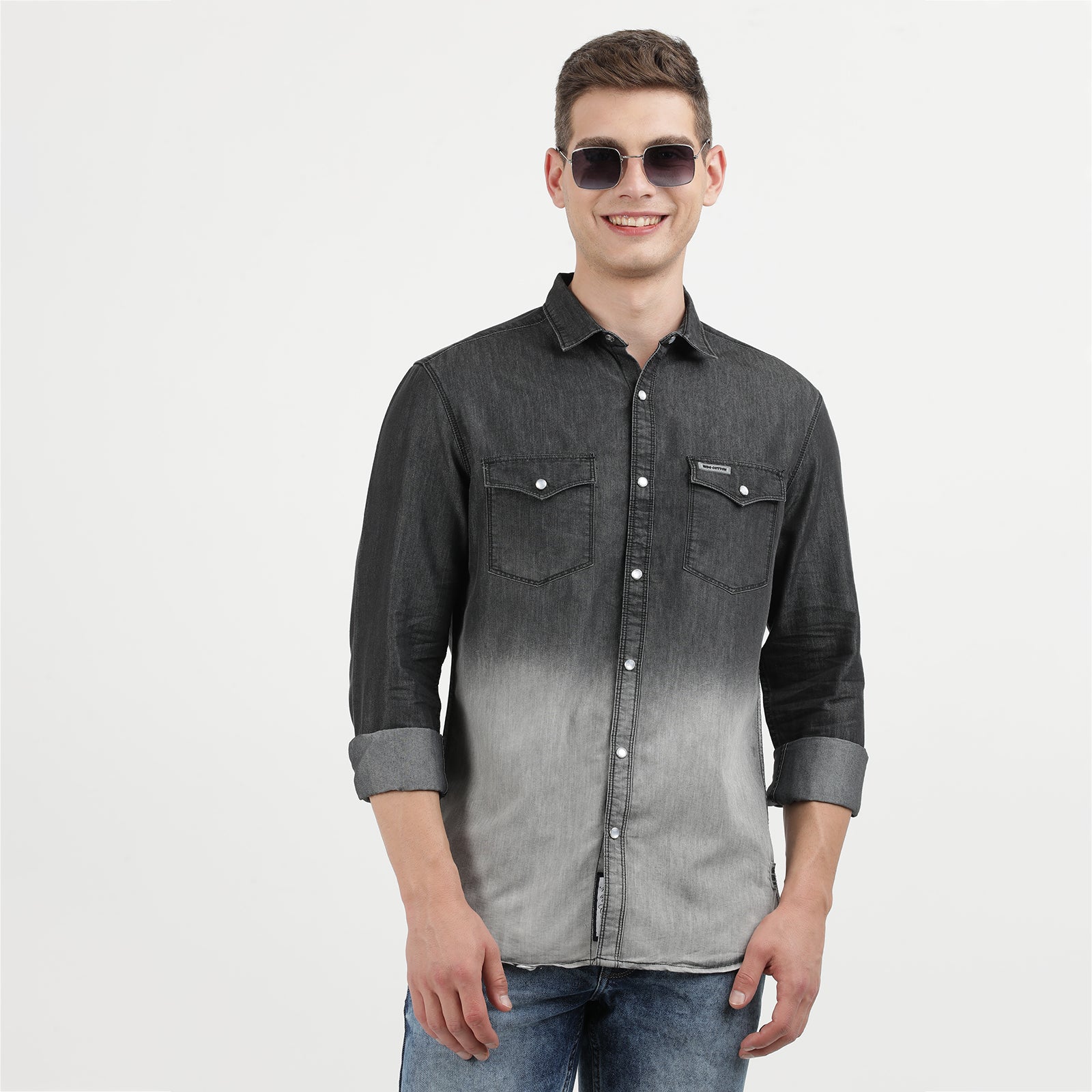 Denim Black Heavy Wash Half and Half Full Sleeve Casual Shirt