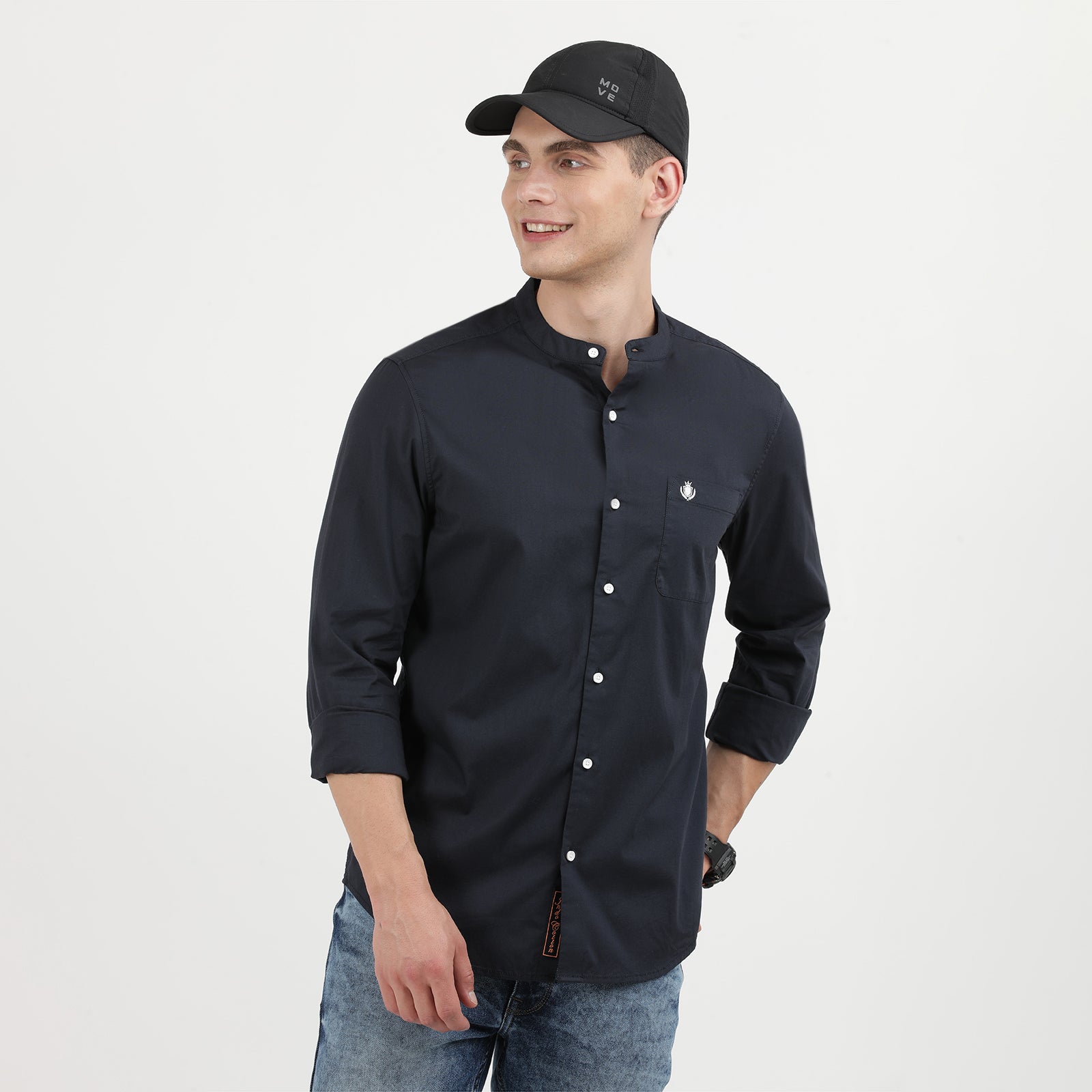 Elegant Dark Navy Mandarin Collar Casual Shirt