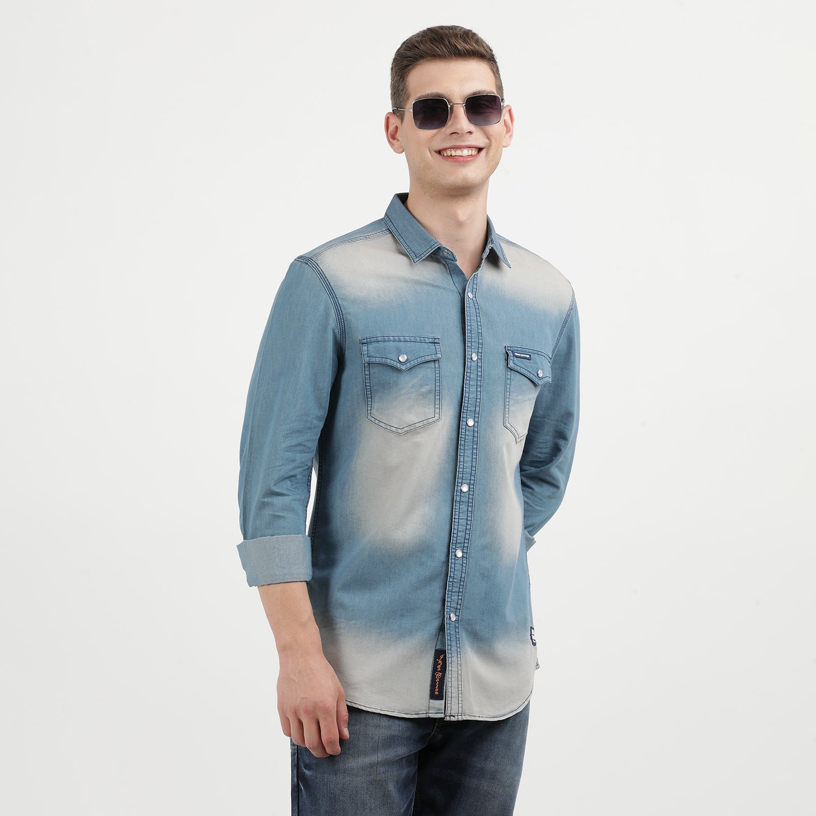 Men's Navy Blue Dark Washed Full Sleeve Casual Denim Shirt