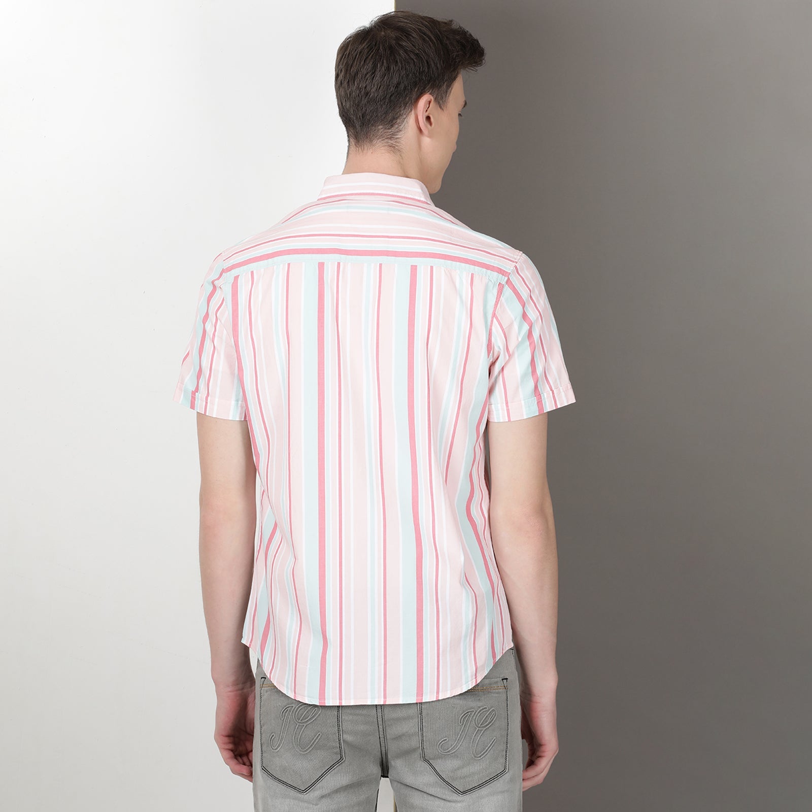 Pink & Green Half Sleeve Stripes Shirt