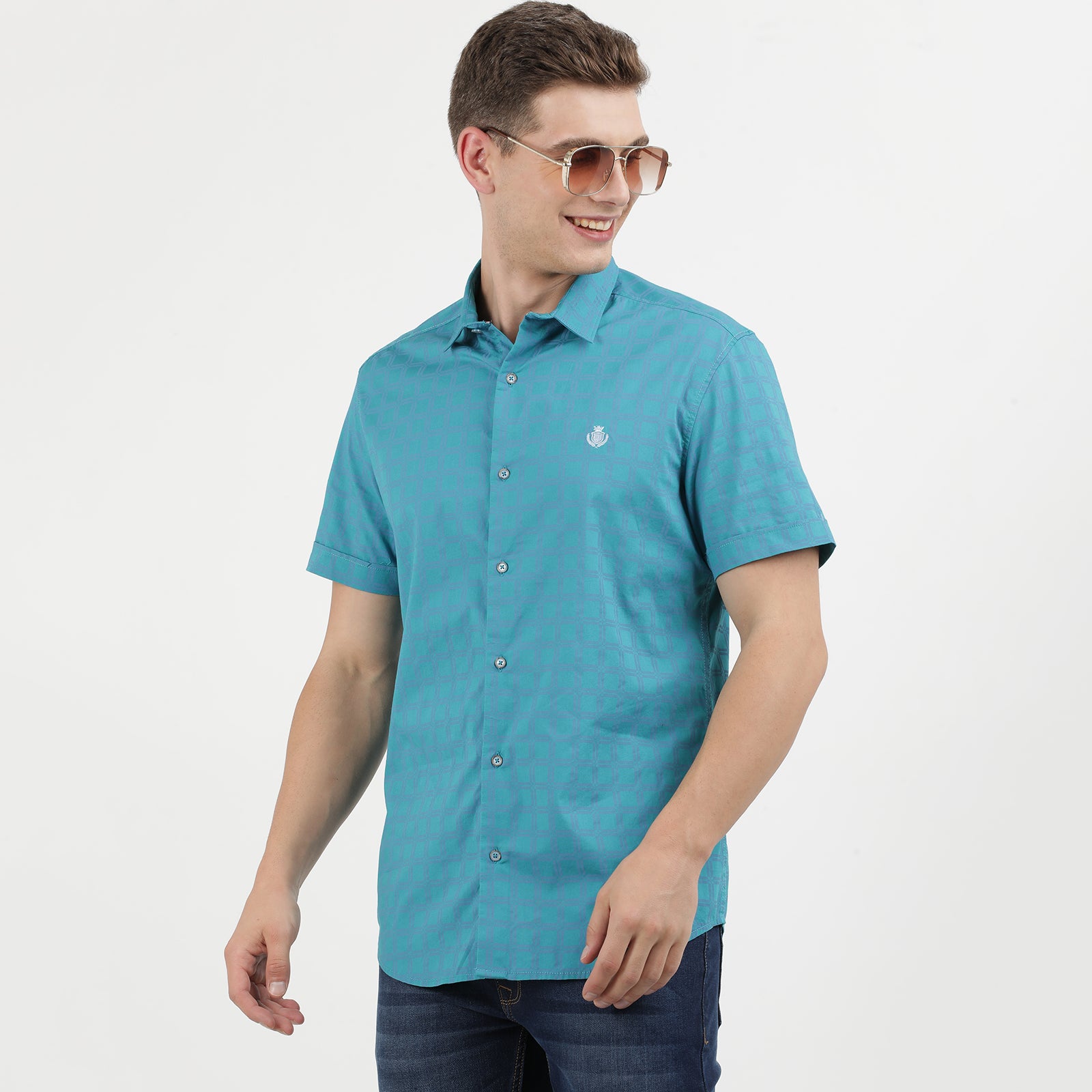 Men's Classic Short Sleeve Teal Button-Up Shirt