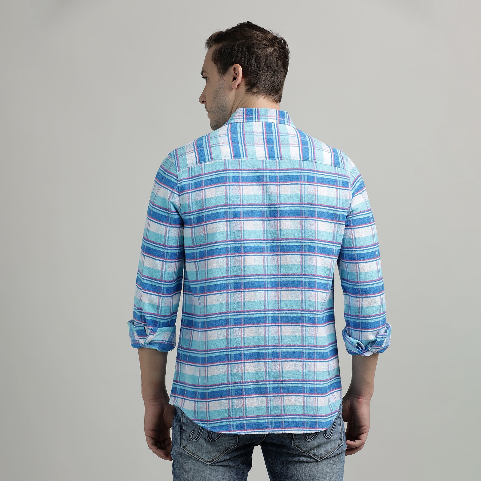 Aqua Blue And White Checks Full Sleeve Shirt