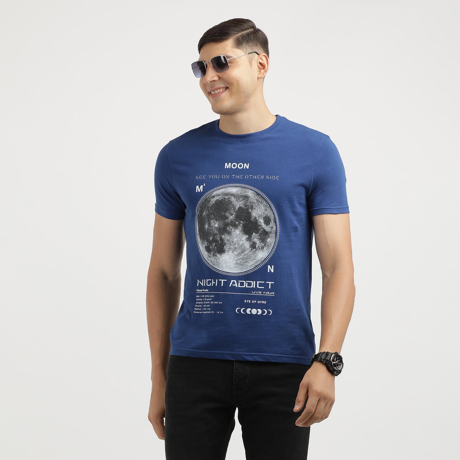 Men's Navy Poeny  Night Addict Graphic Print  Crew Neck T-Shirt