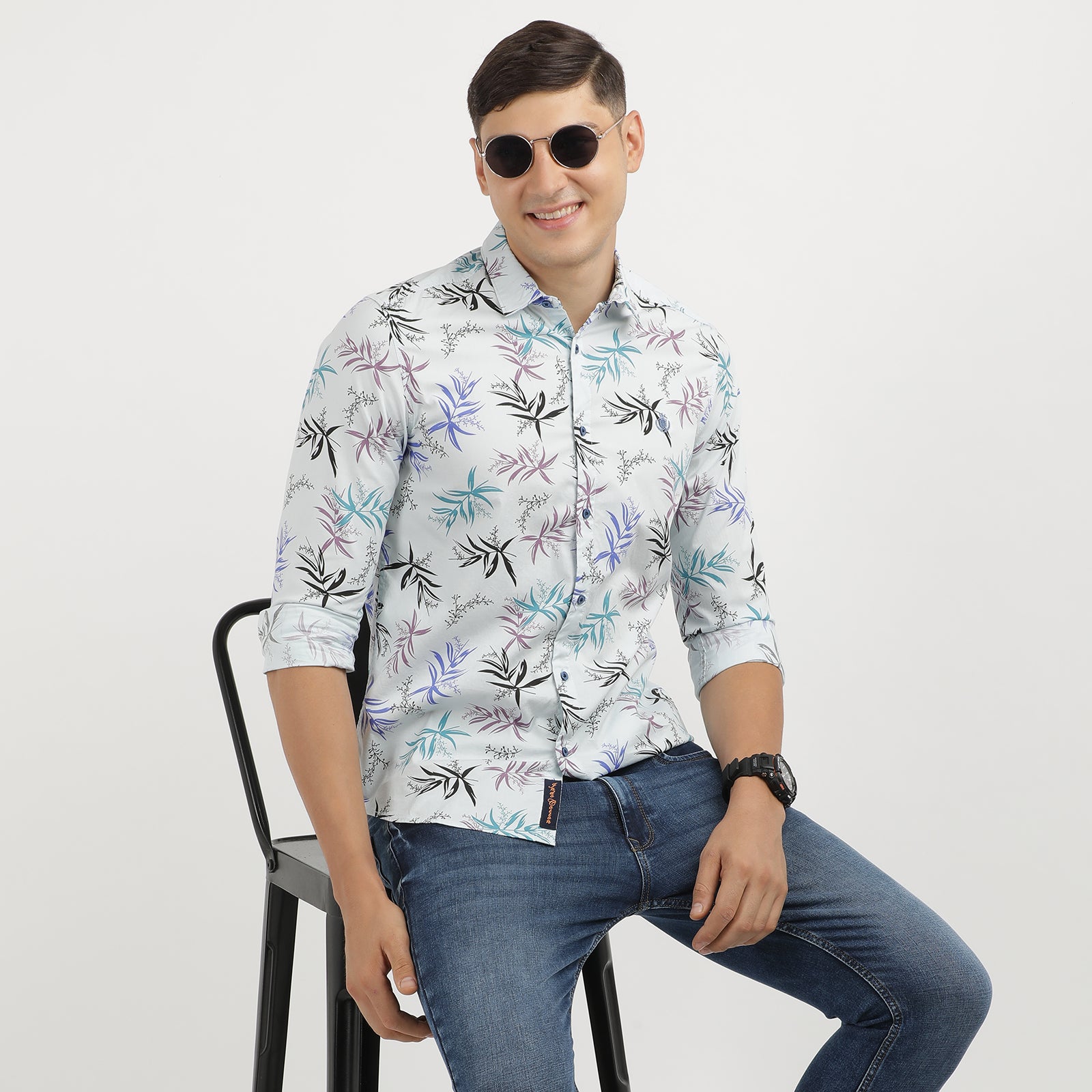 Illusion Blue Floral Print Full Sleeve Casual Shirt