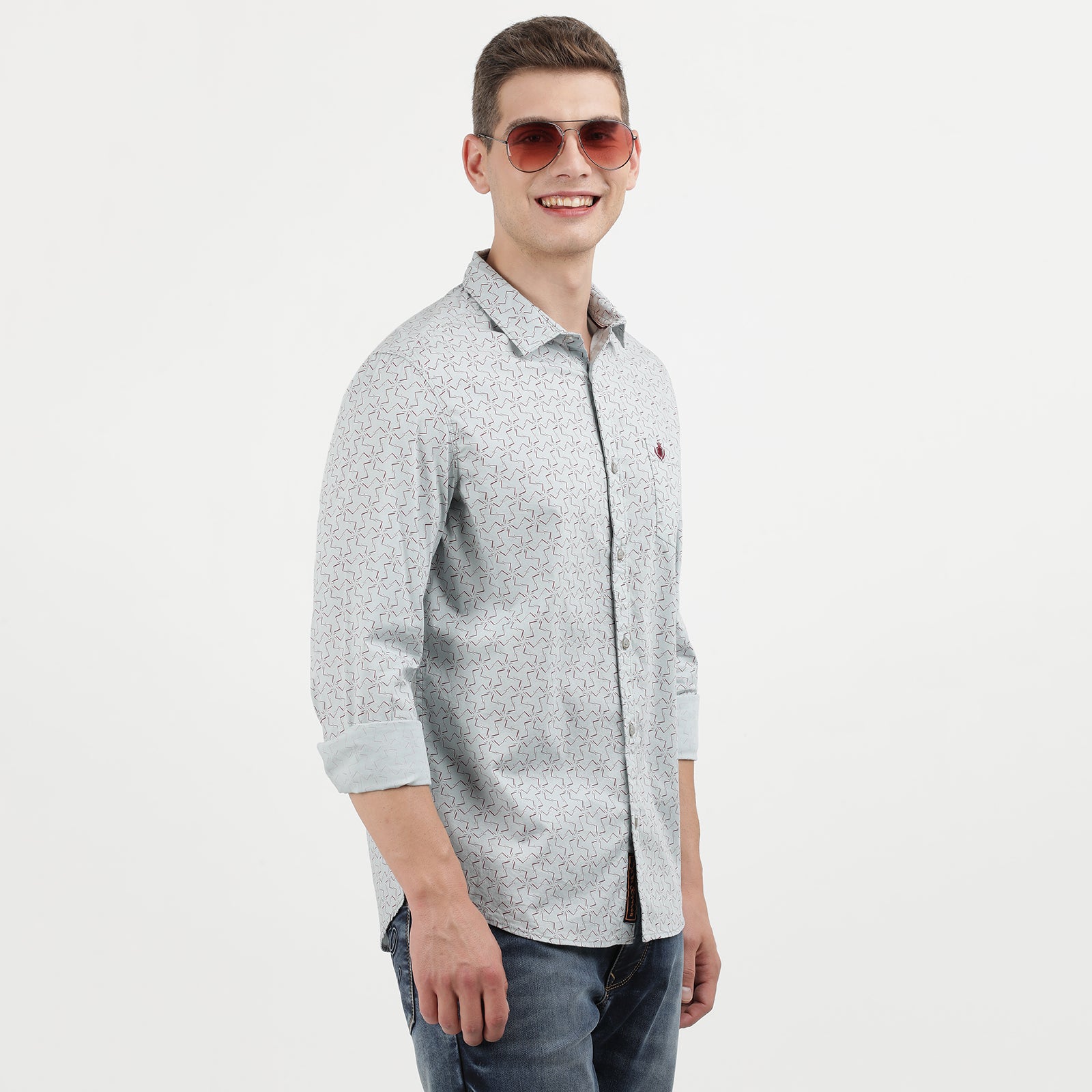 Men's Grey Geometric Print Long Sleeve Shirt