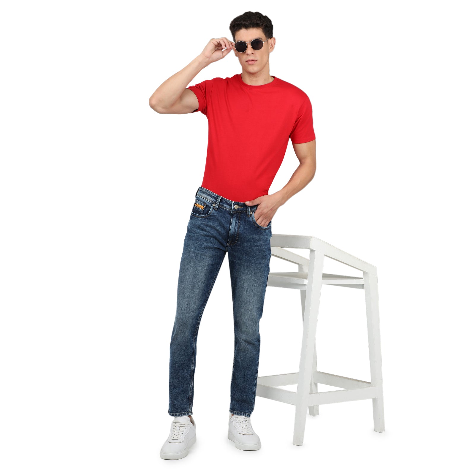 Navy Colored Light Wash Slim Fit Denim Pant