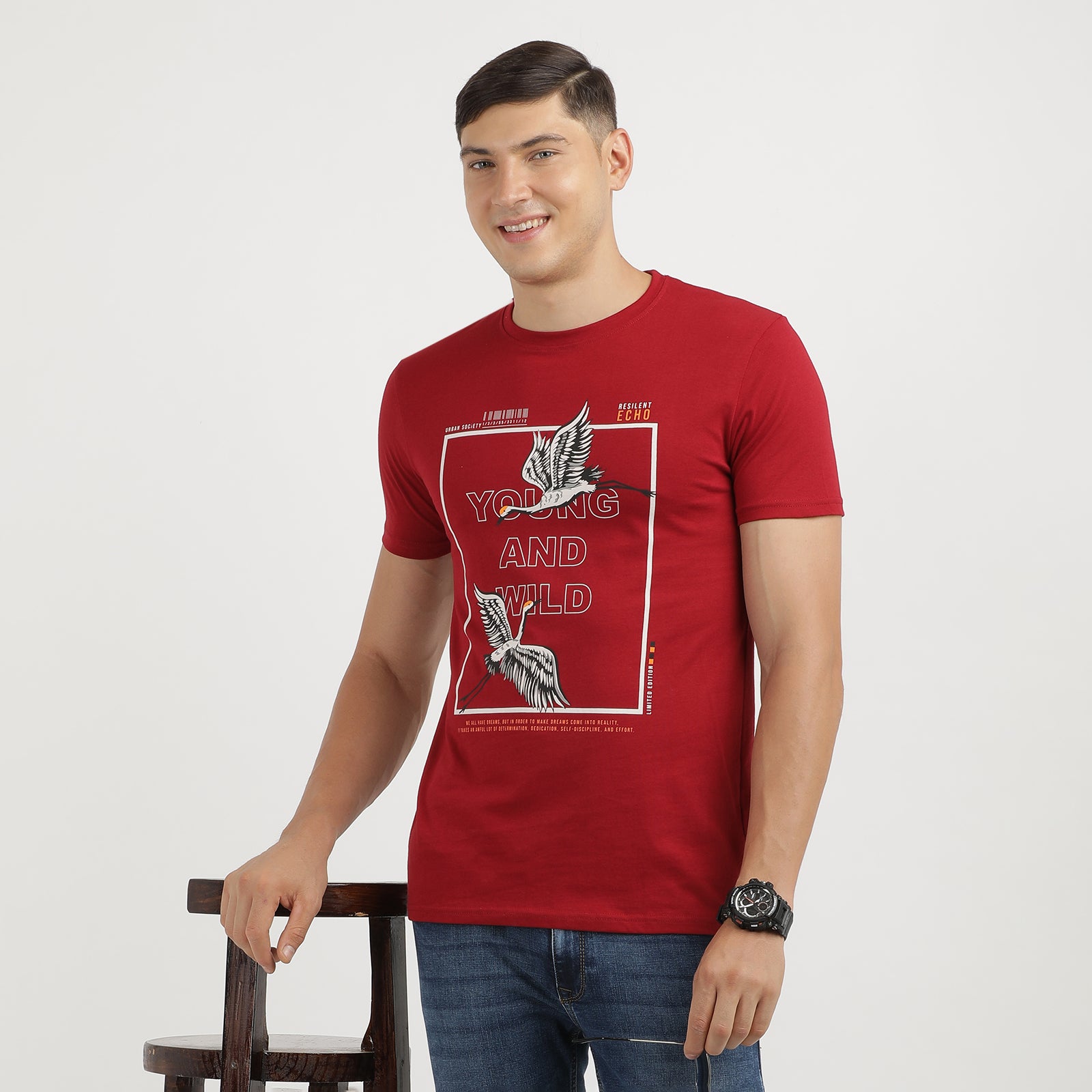 Men's Rio Red Young And Wild Round Neck Printed T-Shirt