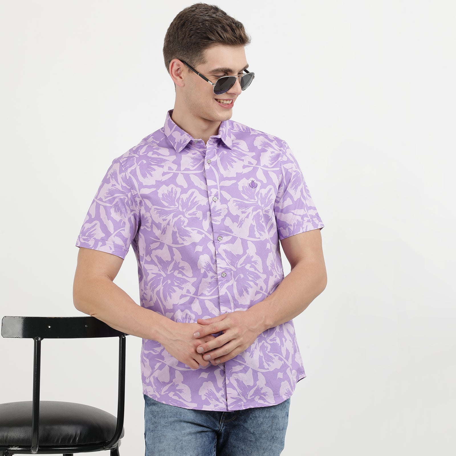 Men's Lilac Floral Print Short Sleeve Shirt