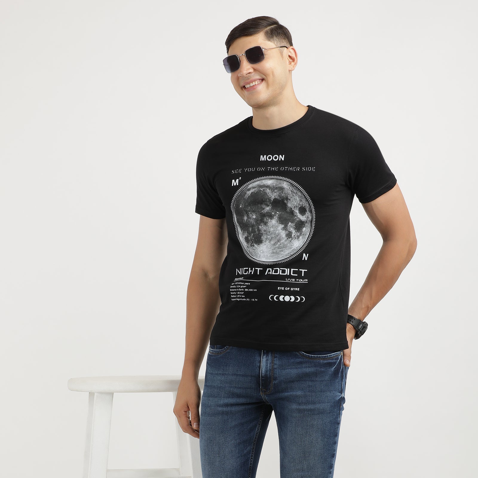 Night Addict Graphic Print Jet Black Crew Neck T-Shirt