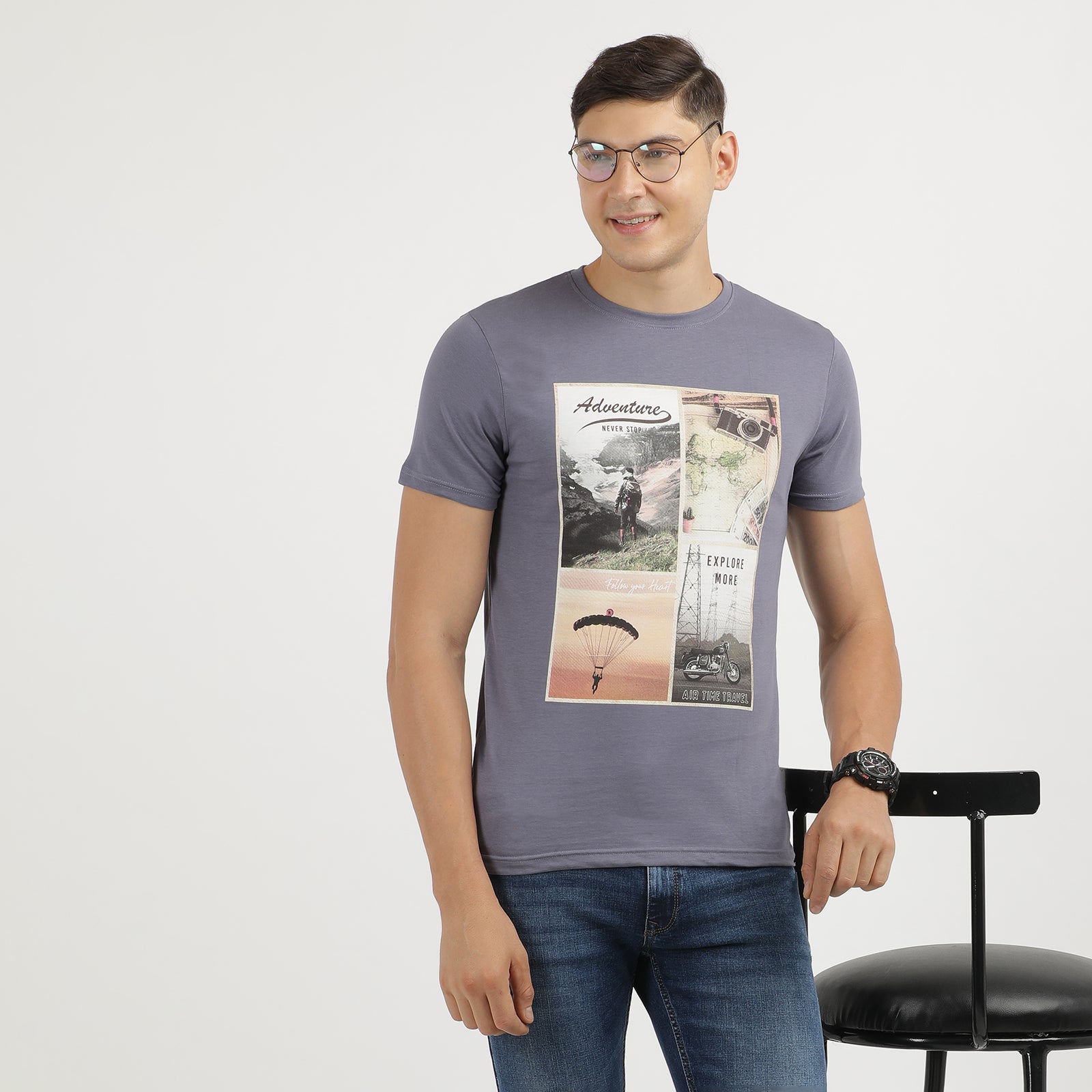 Men's Grisaille Adventure Never Stop And Air Time Travel Printed Round Neck T-Shirt