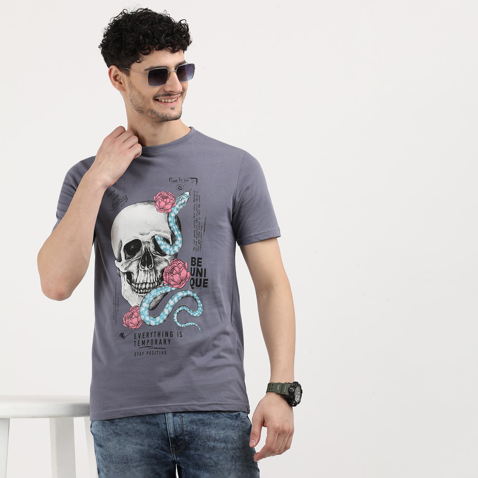 Grisaille Everything is Temporary Skull Print Round Neck T-Shirt