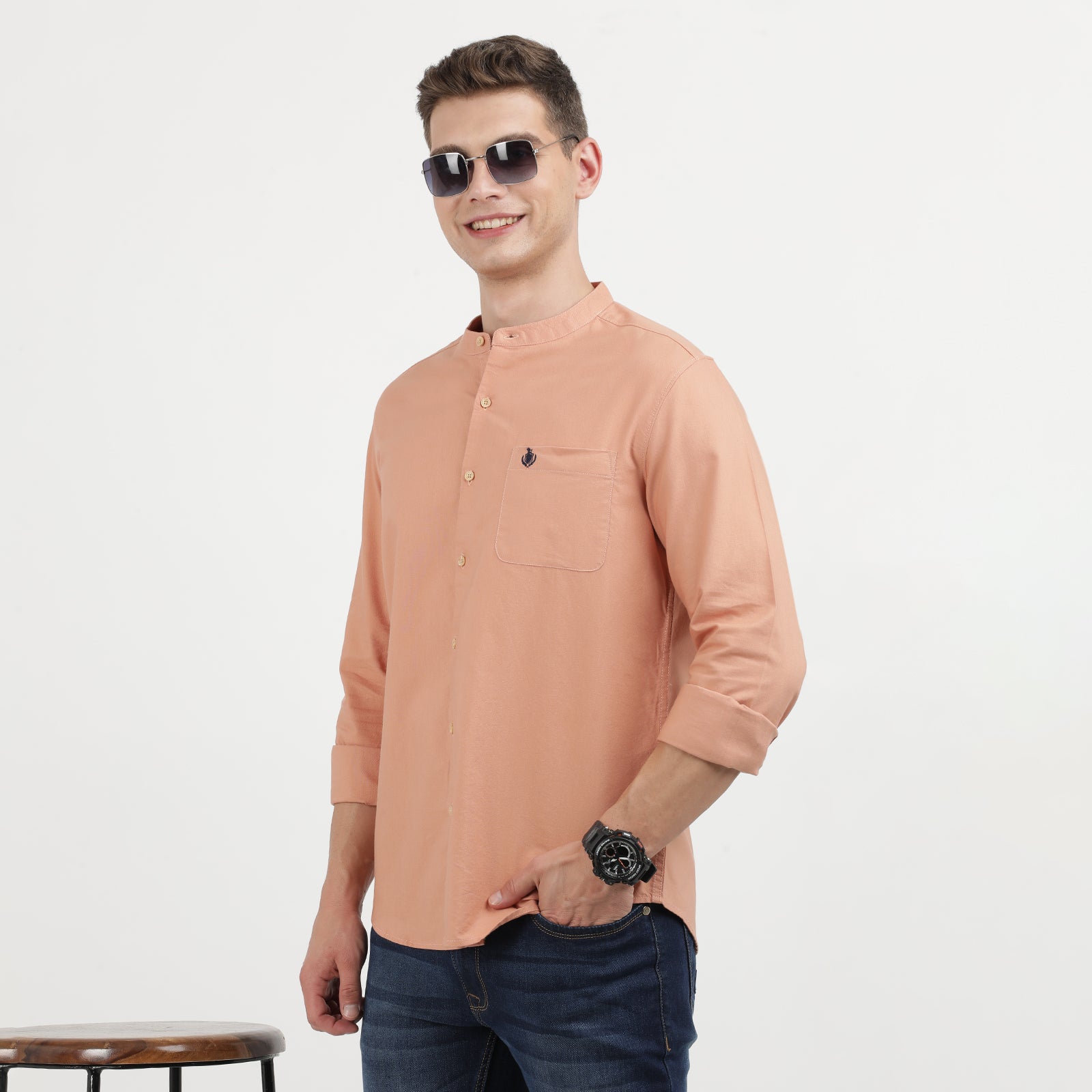 Clay Colored Mandarin Collar Full Sleeve Shirt