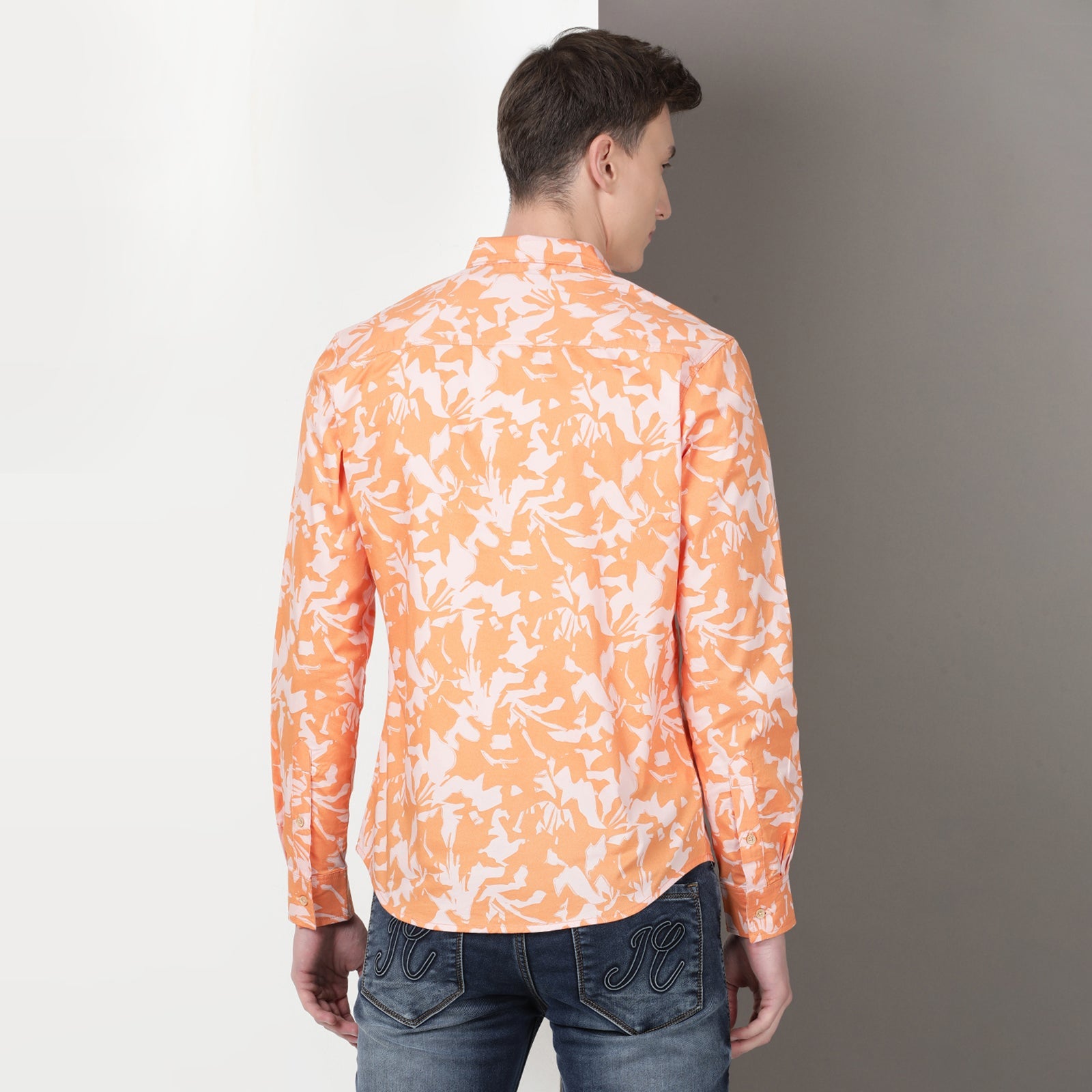 Orange Full Sleeve Floral Printed Shirt