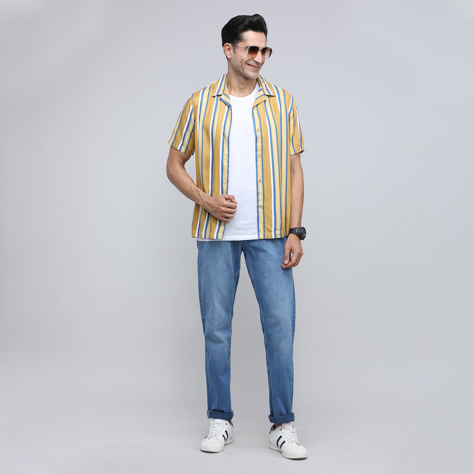 Indo Cotton Men's Striped Half Sleeve Shirt