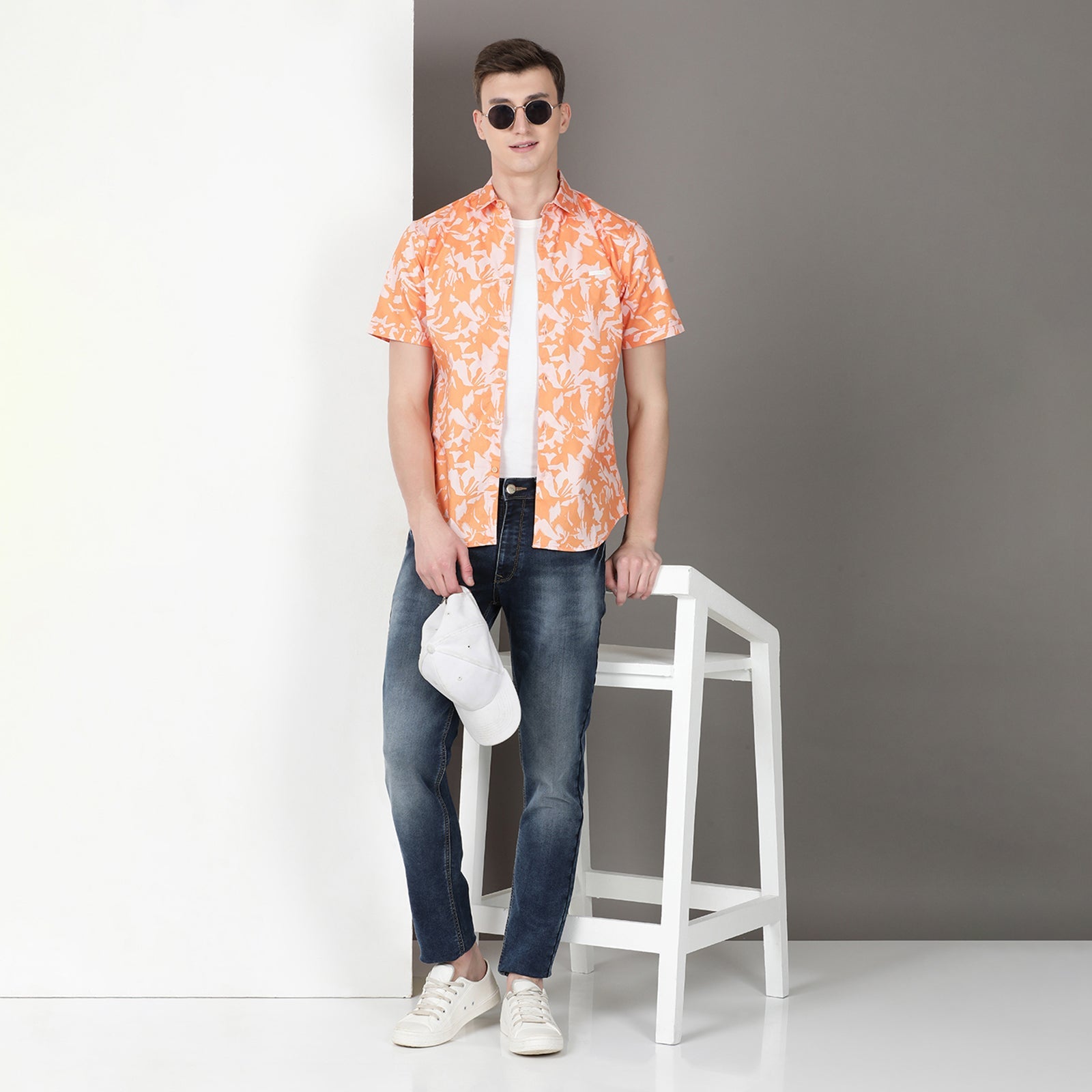 Orange Half Sleeve Floral Printed Shirt