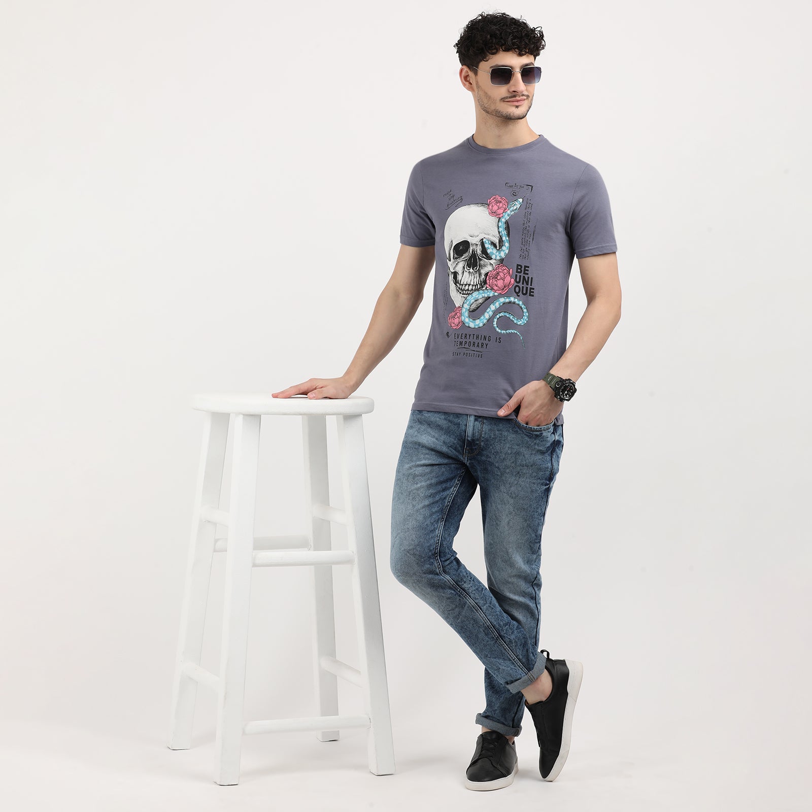 Grisaille Everything is Temporary Skull Print Round Neck T-Shirt