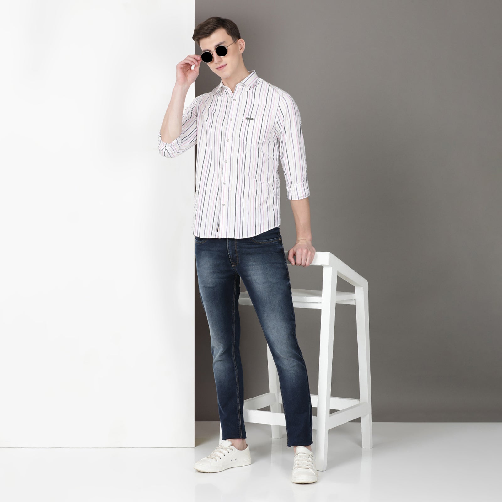 White Full Sleeve Striped Shirt