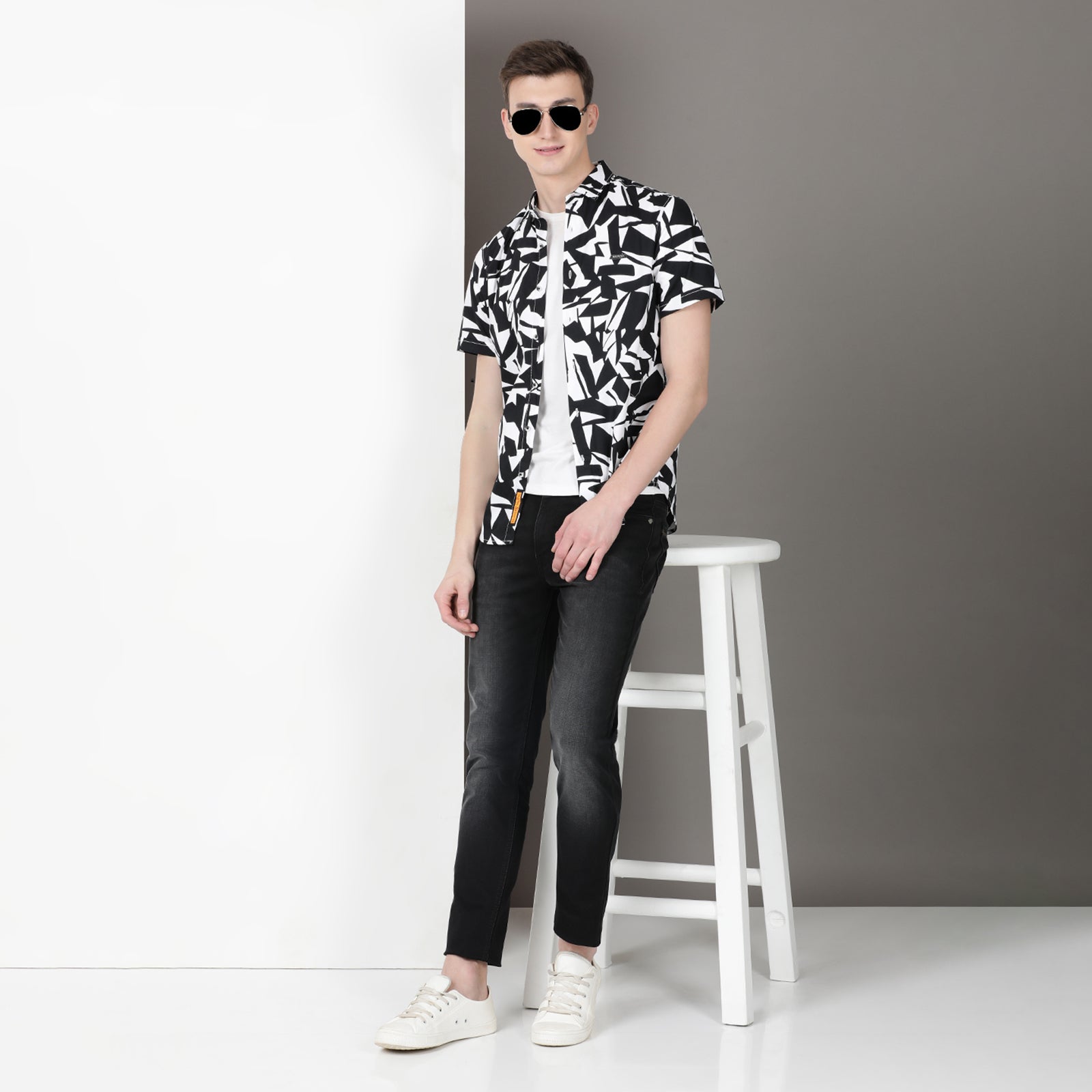Black & White Geometrical Print Half Sleeve Shirt