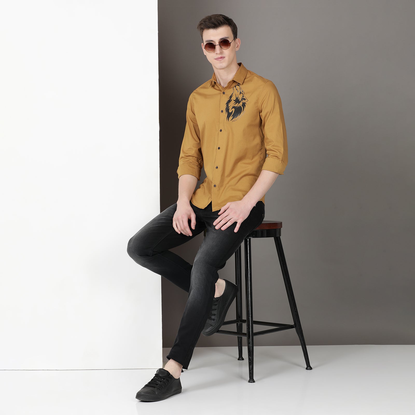 Mustard Colour With Black Full Sleeve Printed Shirt