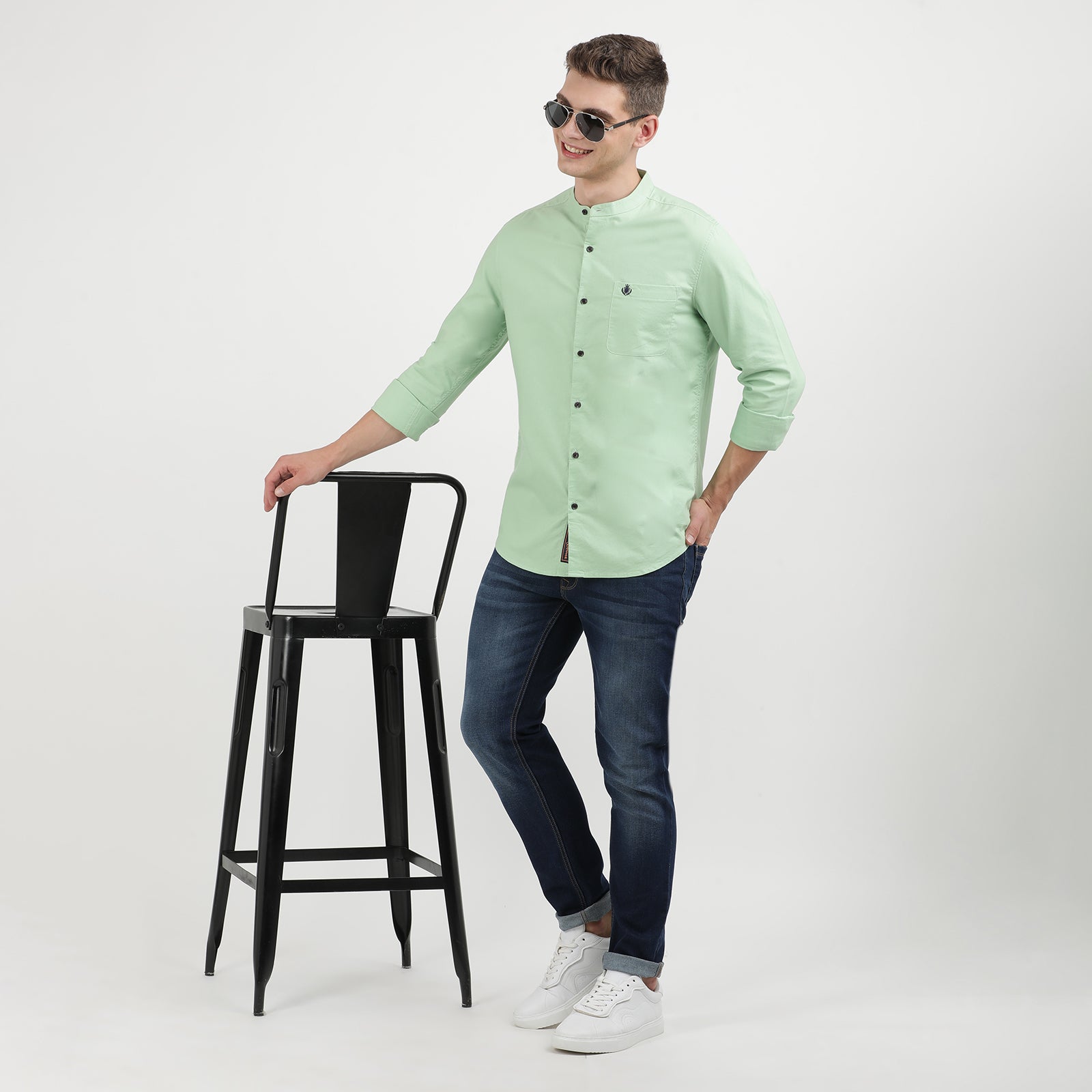 Green Solid Oxford Fabric Mandarin Collar Full Sleeve Casual Shirt