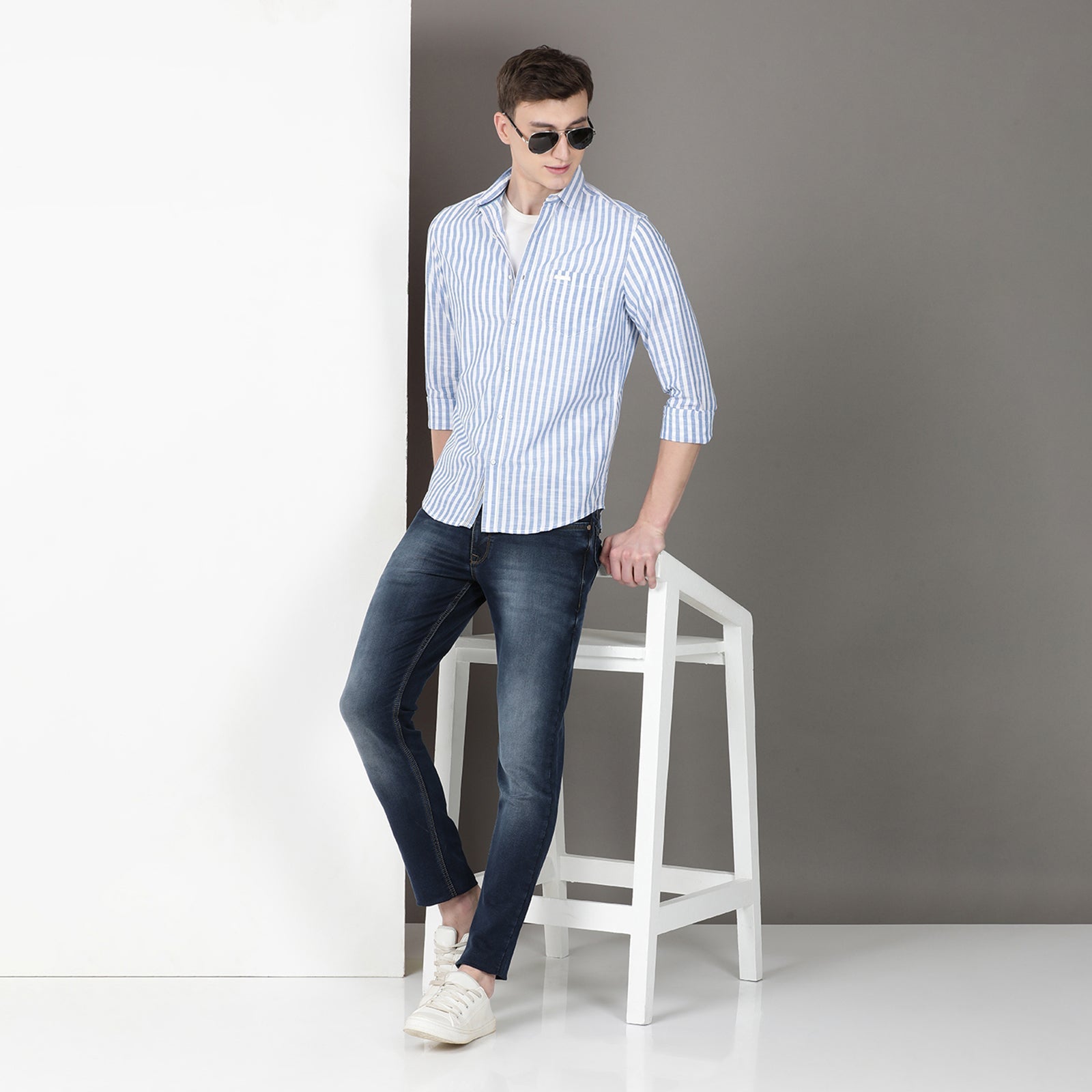 White & Navy Full Sleeve Stripes Shirt