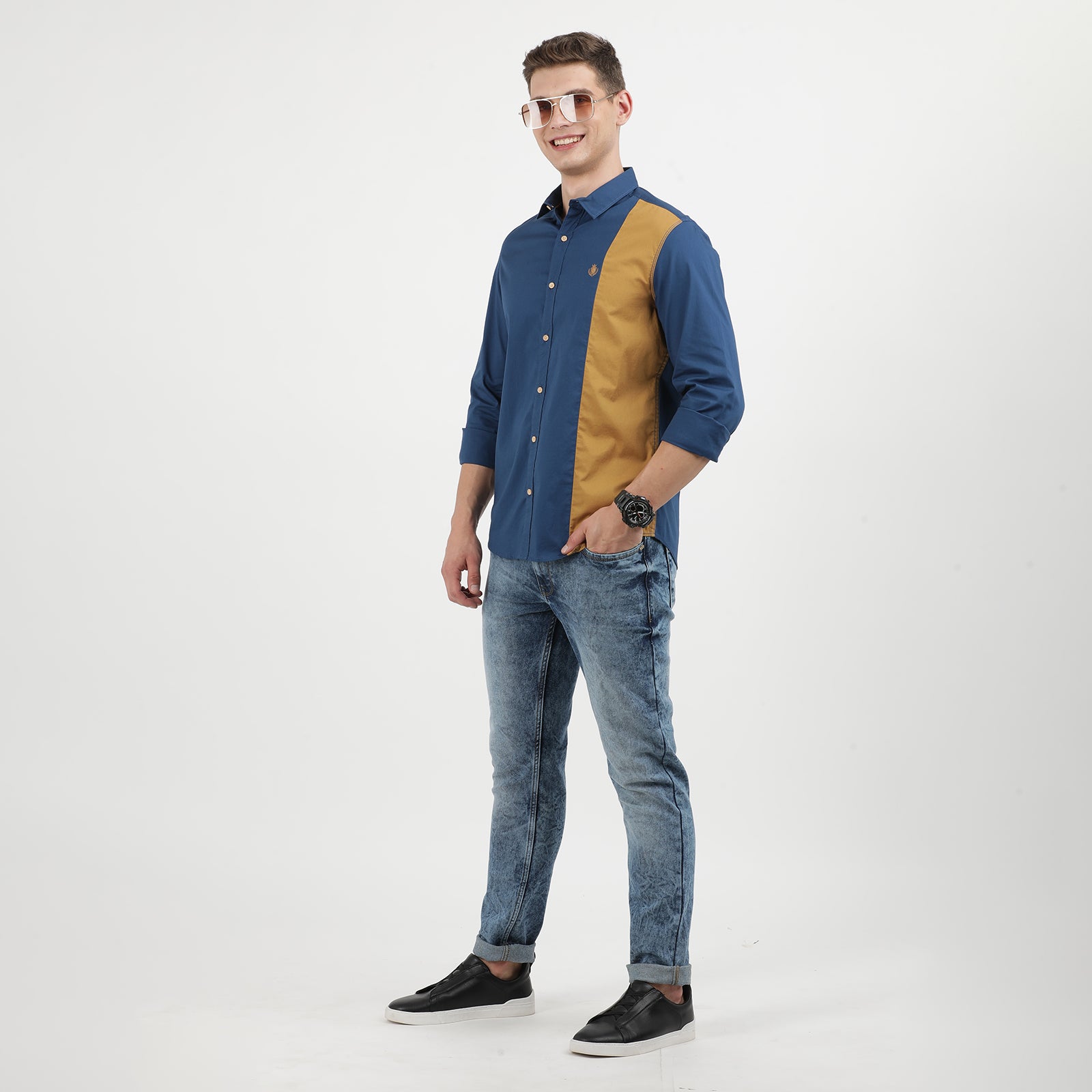 Poseidon Blue and Grit Colored Cut and Sew Full Sleeve Casual Shirt