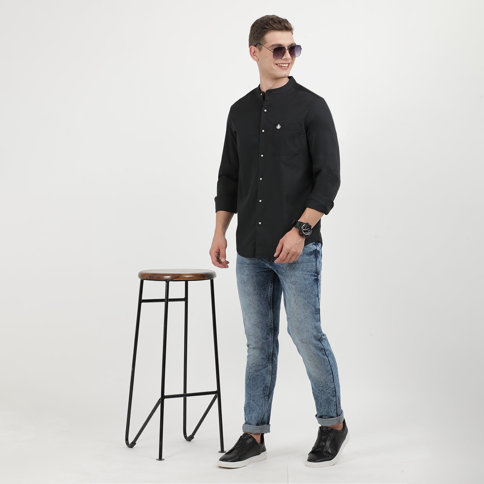 Black Solid Mandarin Collar Full Sleeve Casual Shirt