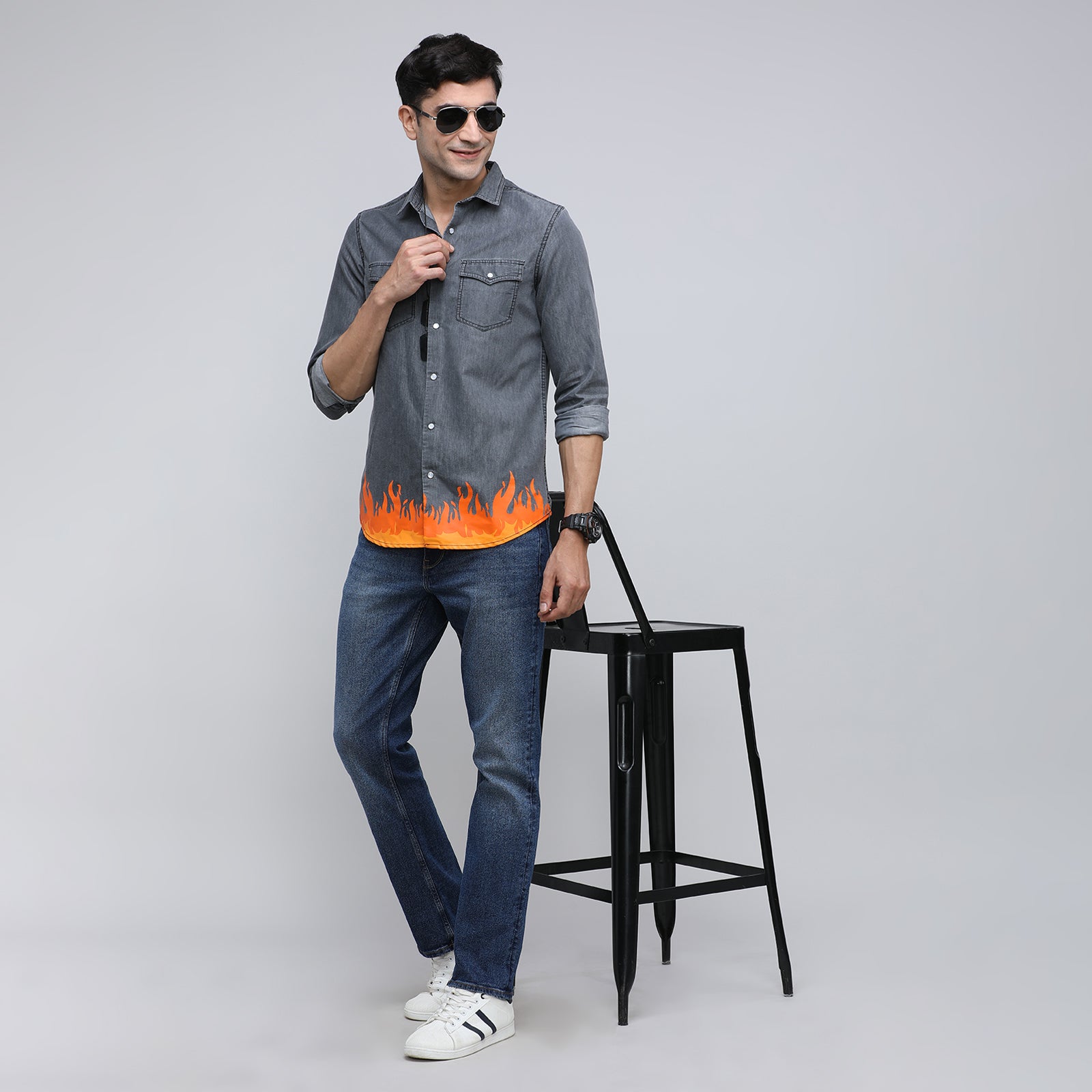 Indo Cotton Men's Denim Printed Full Sleeve Shirt