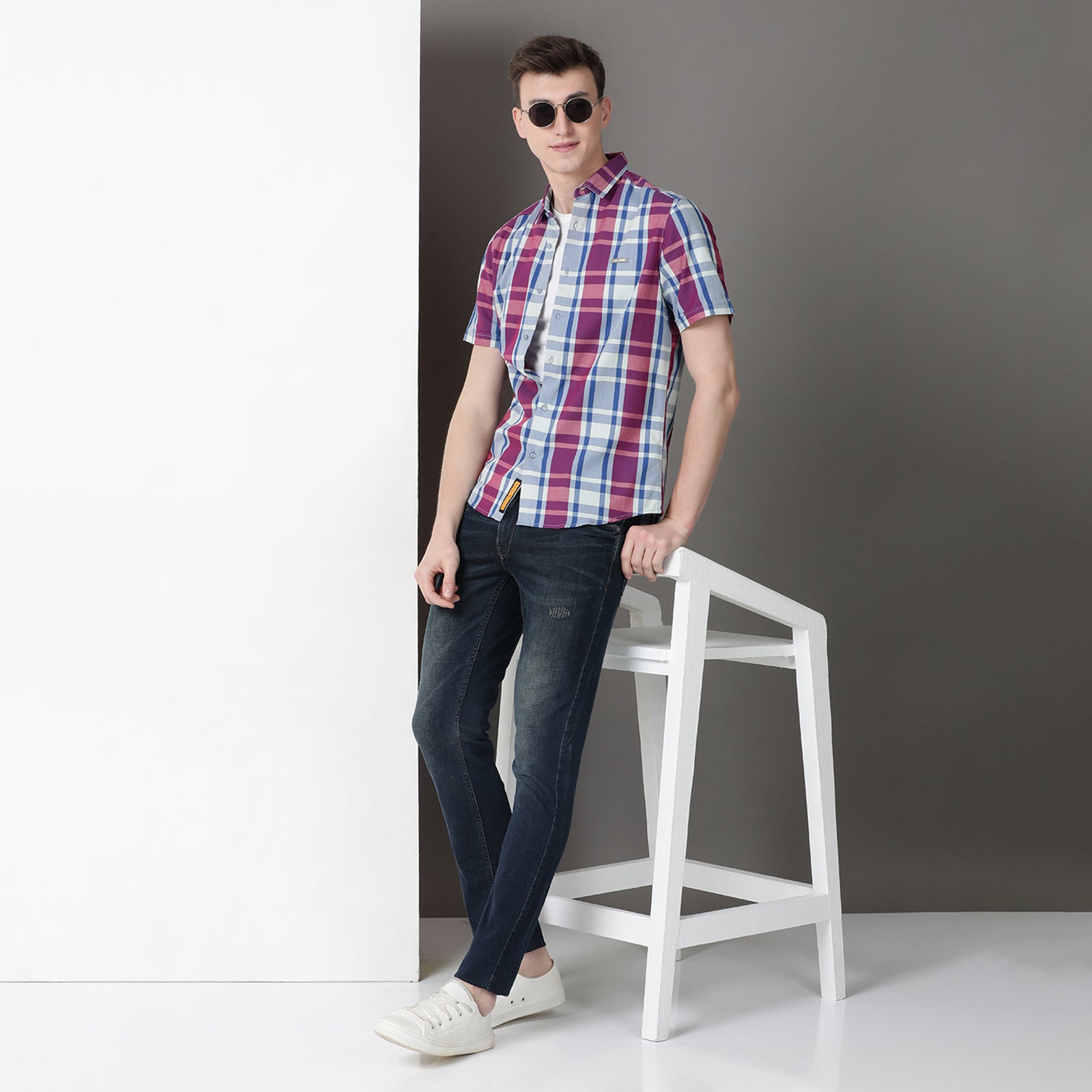 Purple & Blue Half Sleeve Checks Shirt