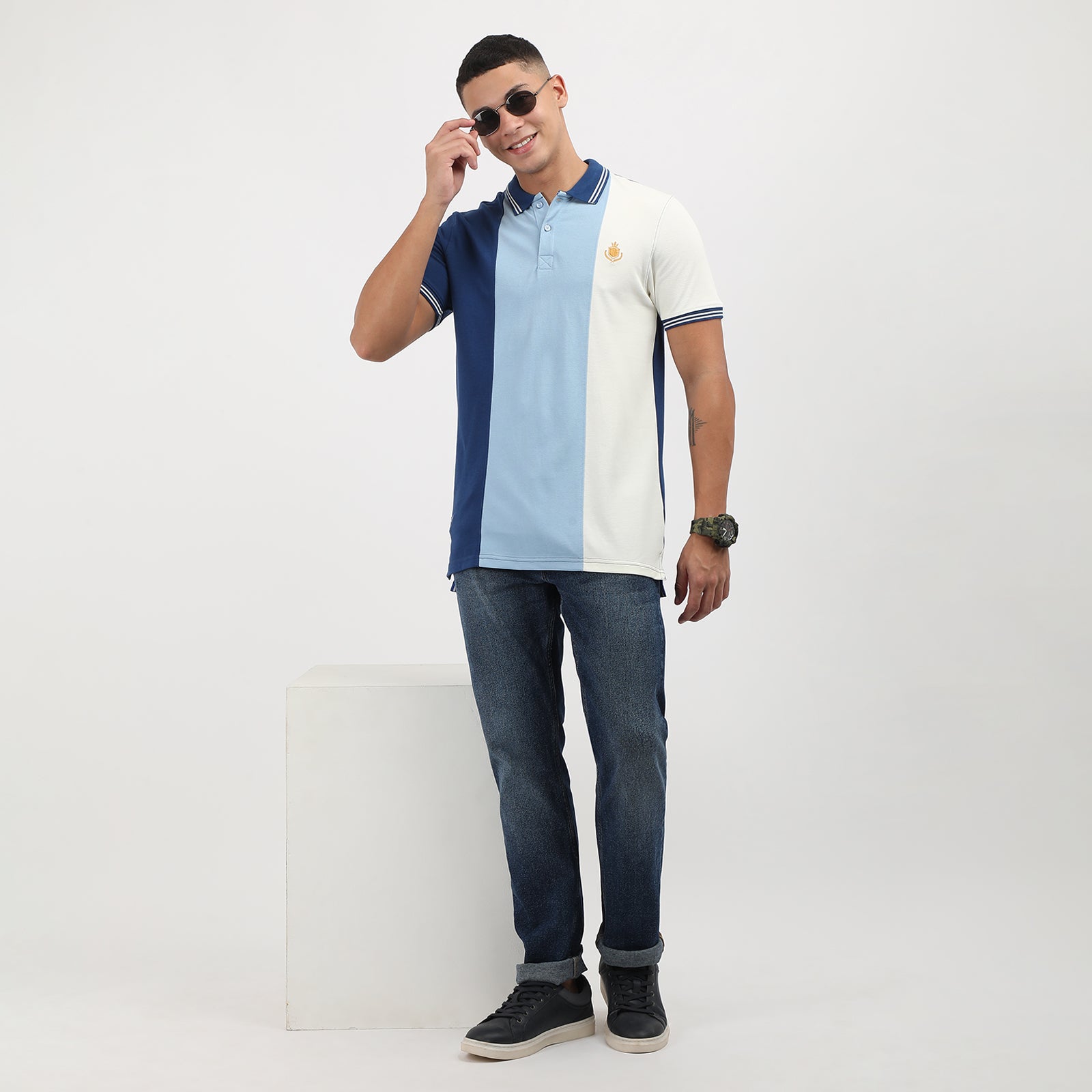 Navy/Powder Blue Men's solid Polo Neck T-shirt