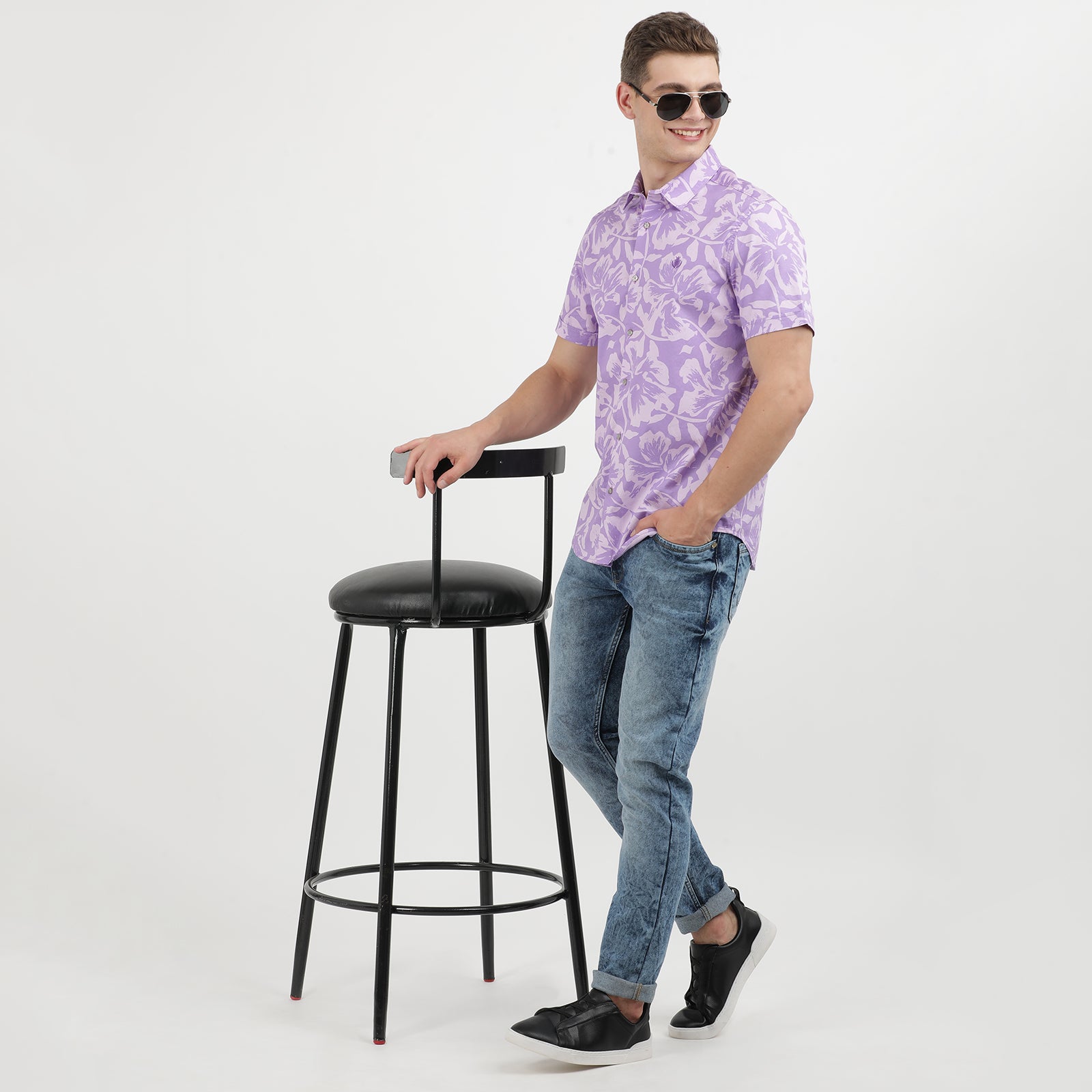 Men's Lilac Floral Print Short Sleeve Shirt