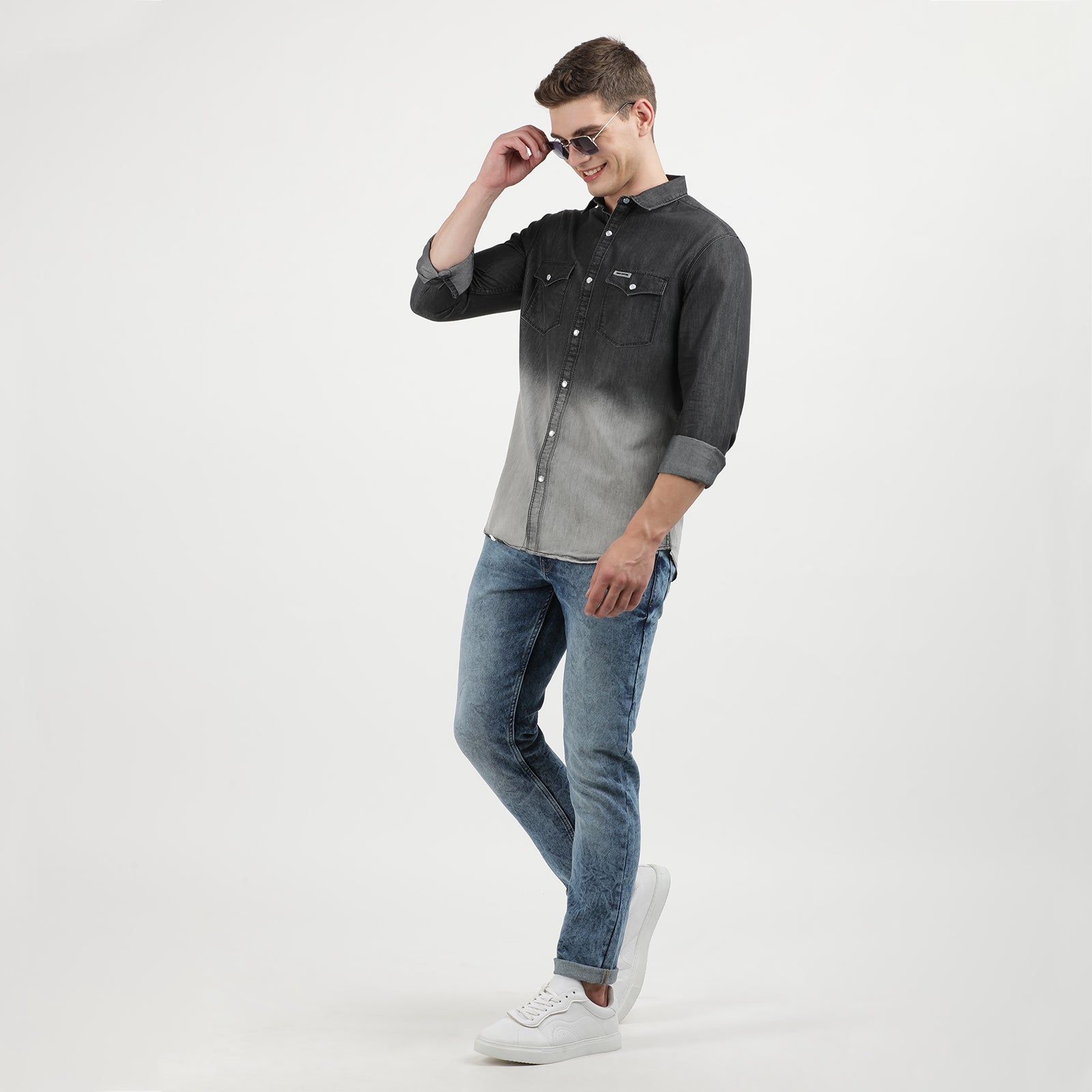 Denim Black Heavy Wash Half and Half Full Sleeve Casual Shirt