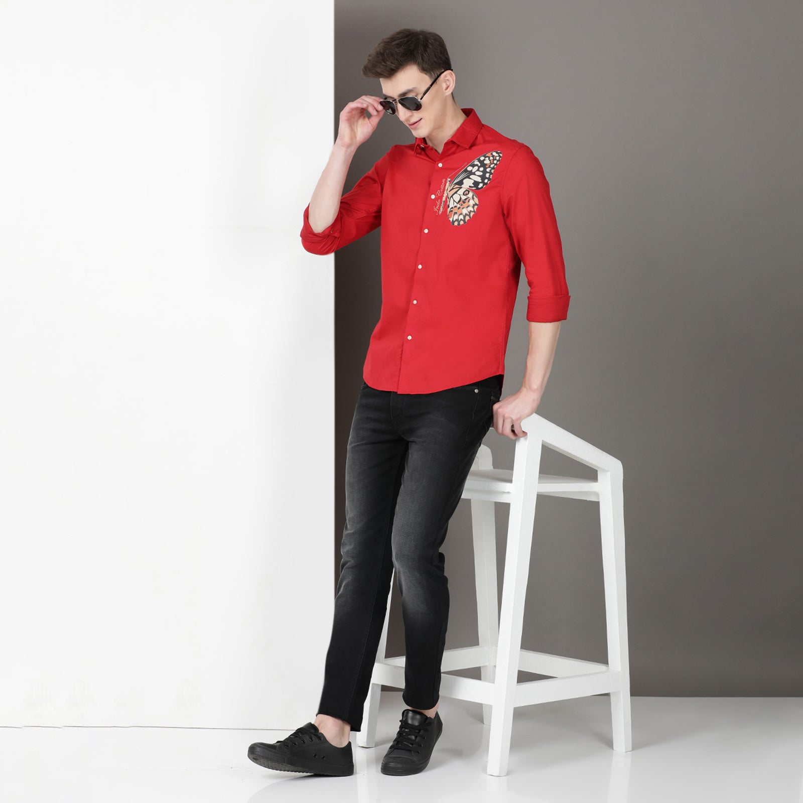 Red Solid Printed Full Sleeve Shirt