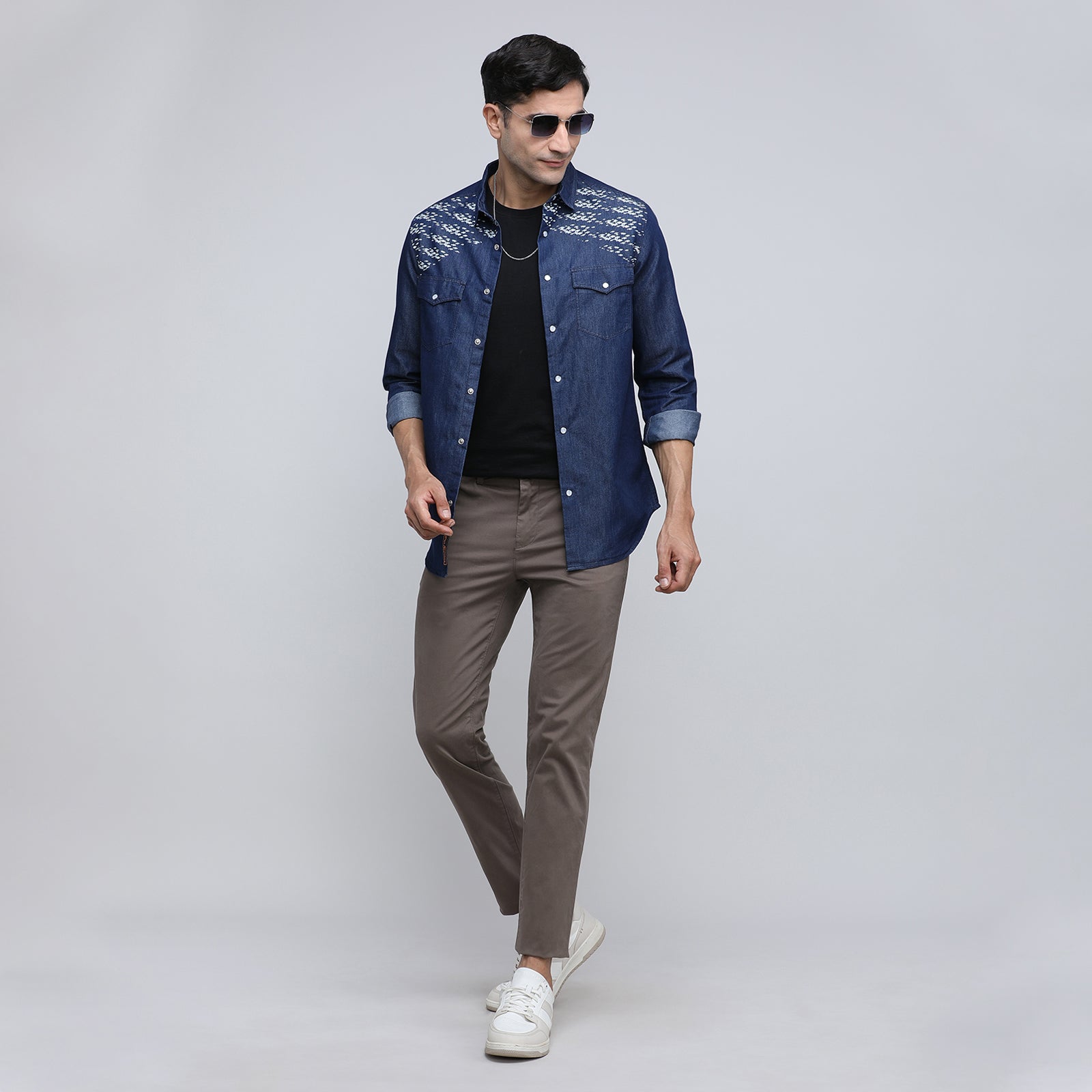 Indo Cotton Men's Printed Denim Full Sleeve Shirt