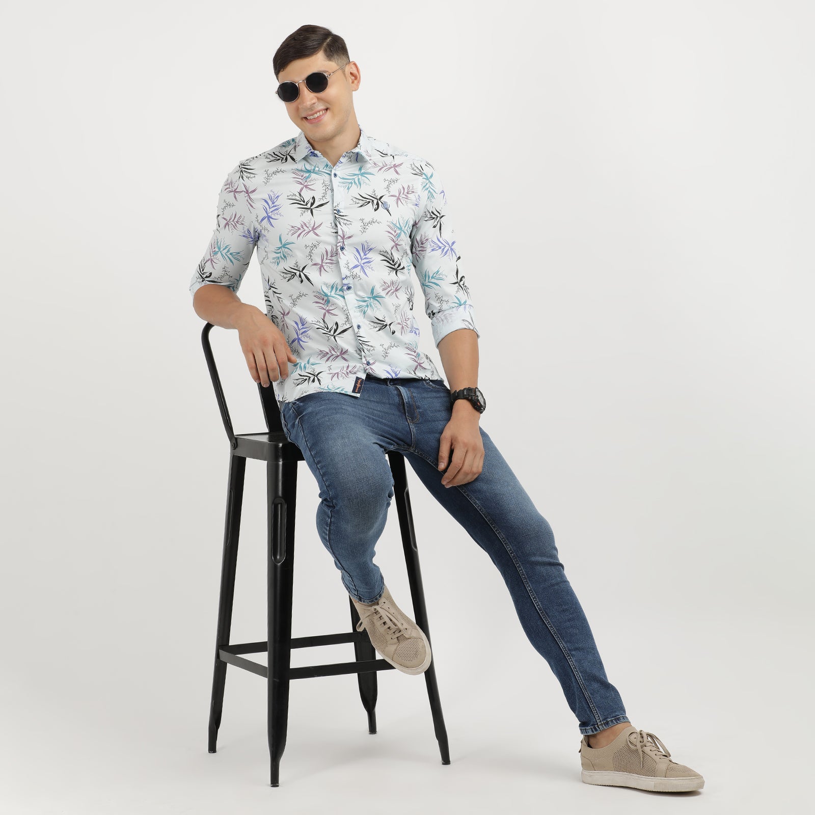 Illusion Blue Floral Print Full Sleeve Casual Shirt