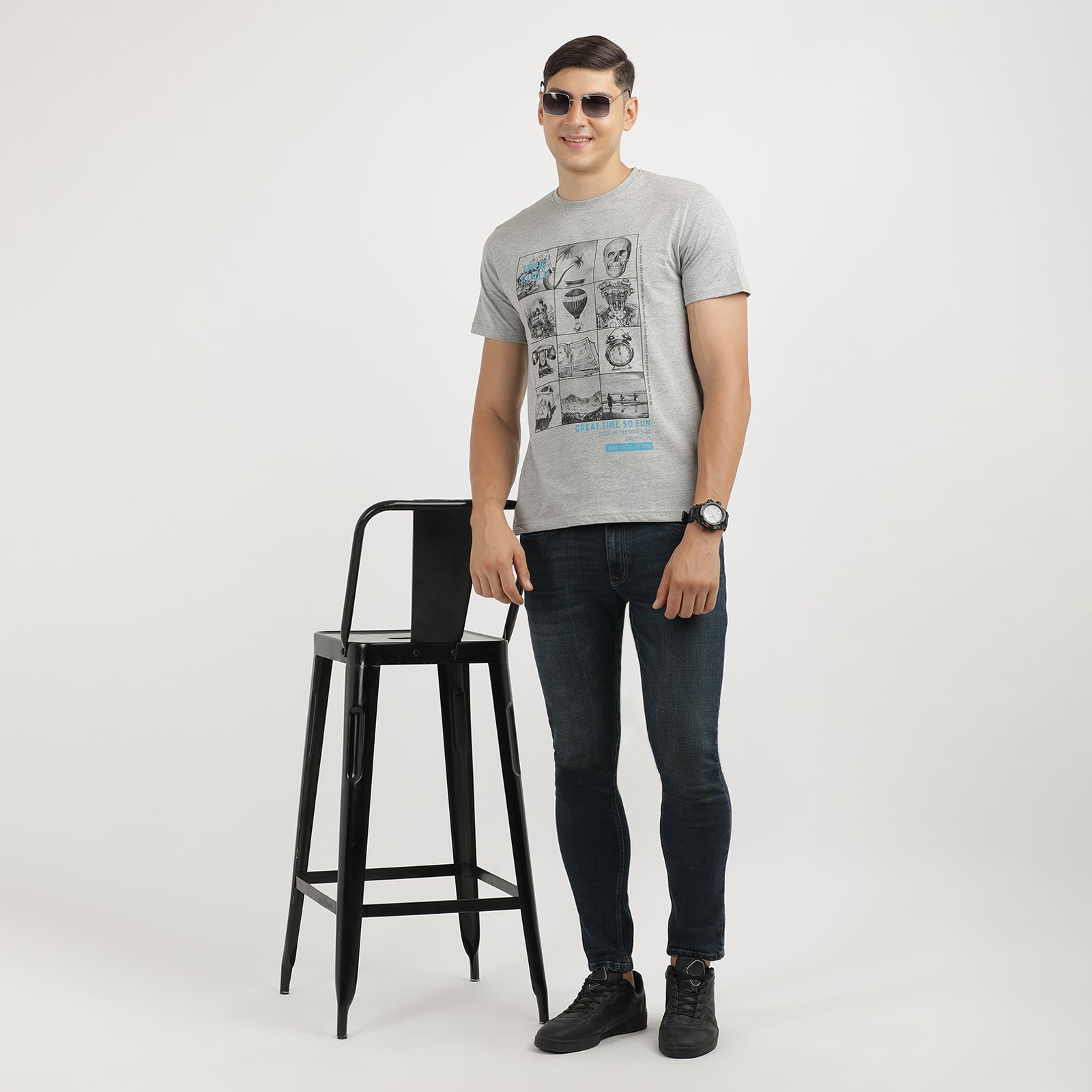 Men's Grey Melange Great Time So Fun Print Round Neck T-Shirt