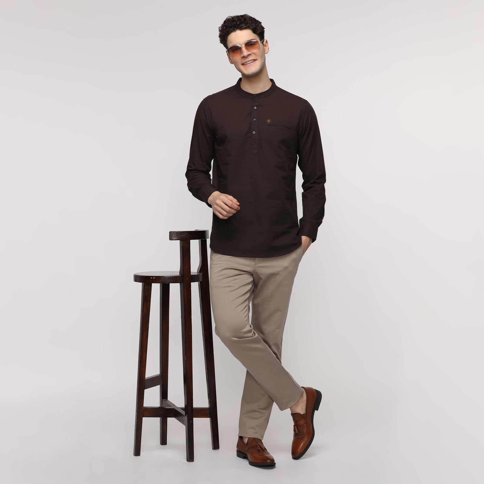 Men's Coffee Solid Full Sleeve Short Kurthi