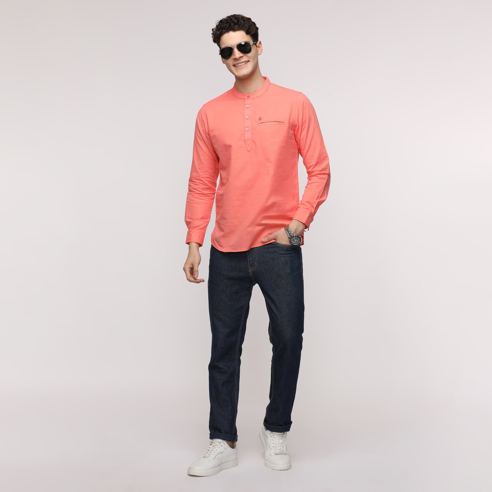 Men's Ocean Coral Full Sleeve Solid Short Kurthi