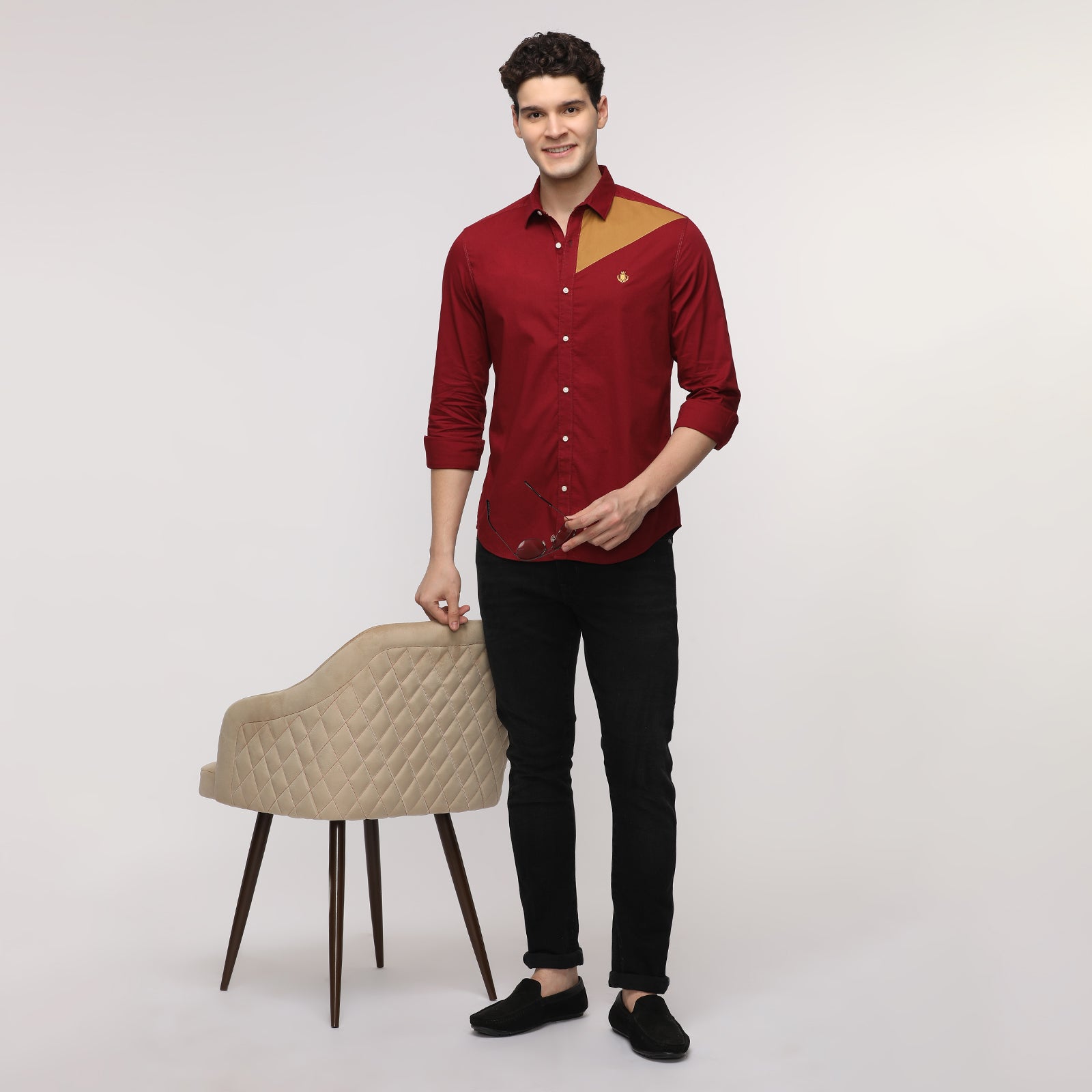 Tibetan Red & Grit Color Solid Block Men's Full Sleeve Casual Shirt