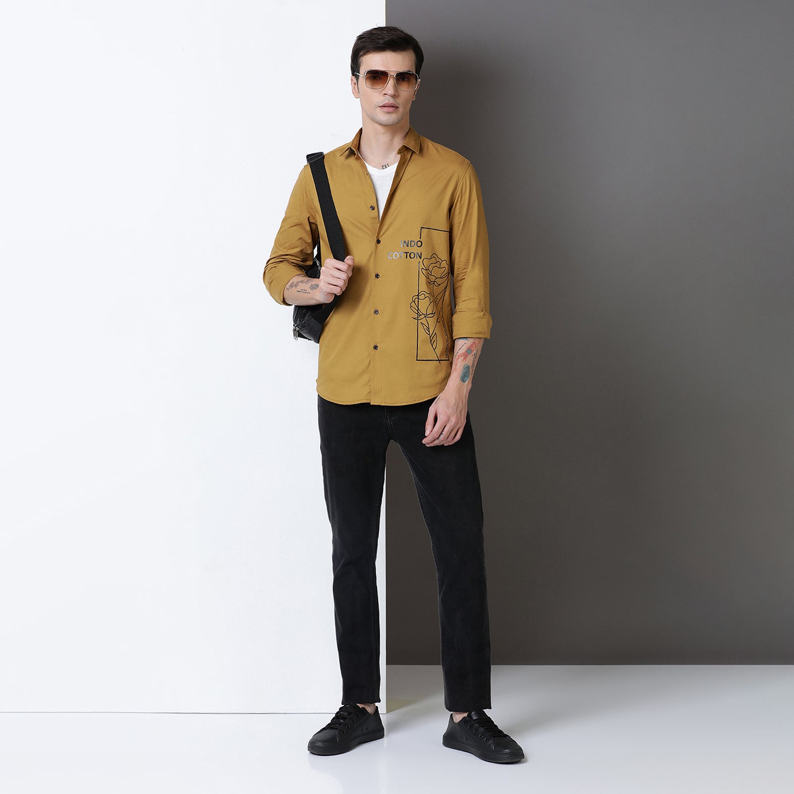 Mustard Colour With Black Print Full Sleeve Shirt