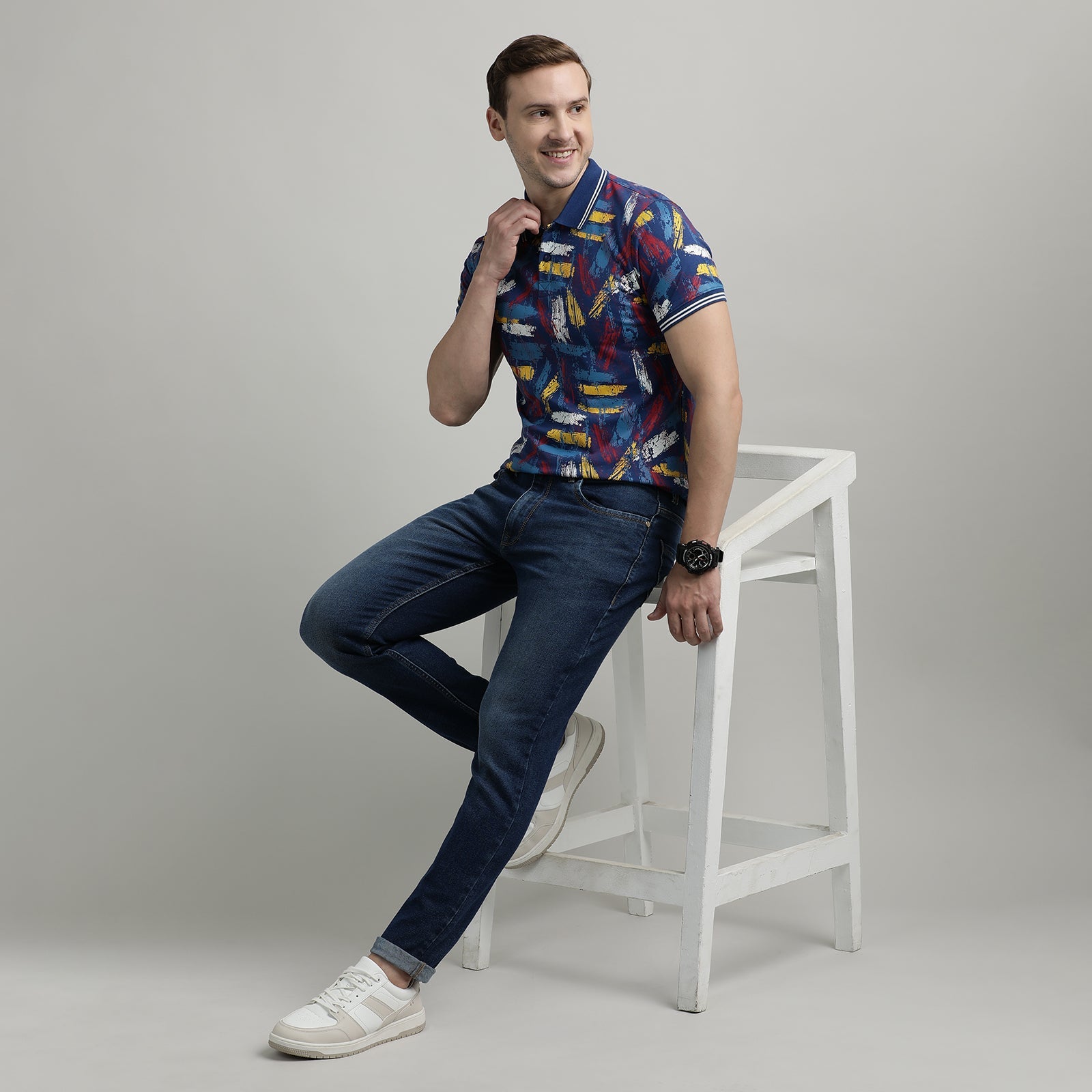 All Over Print Navy Peony Polo T-Shirt