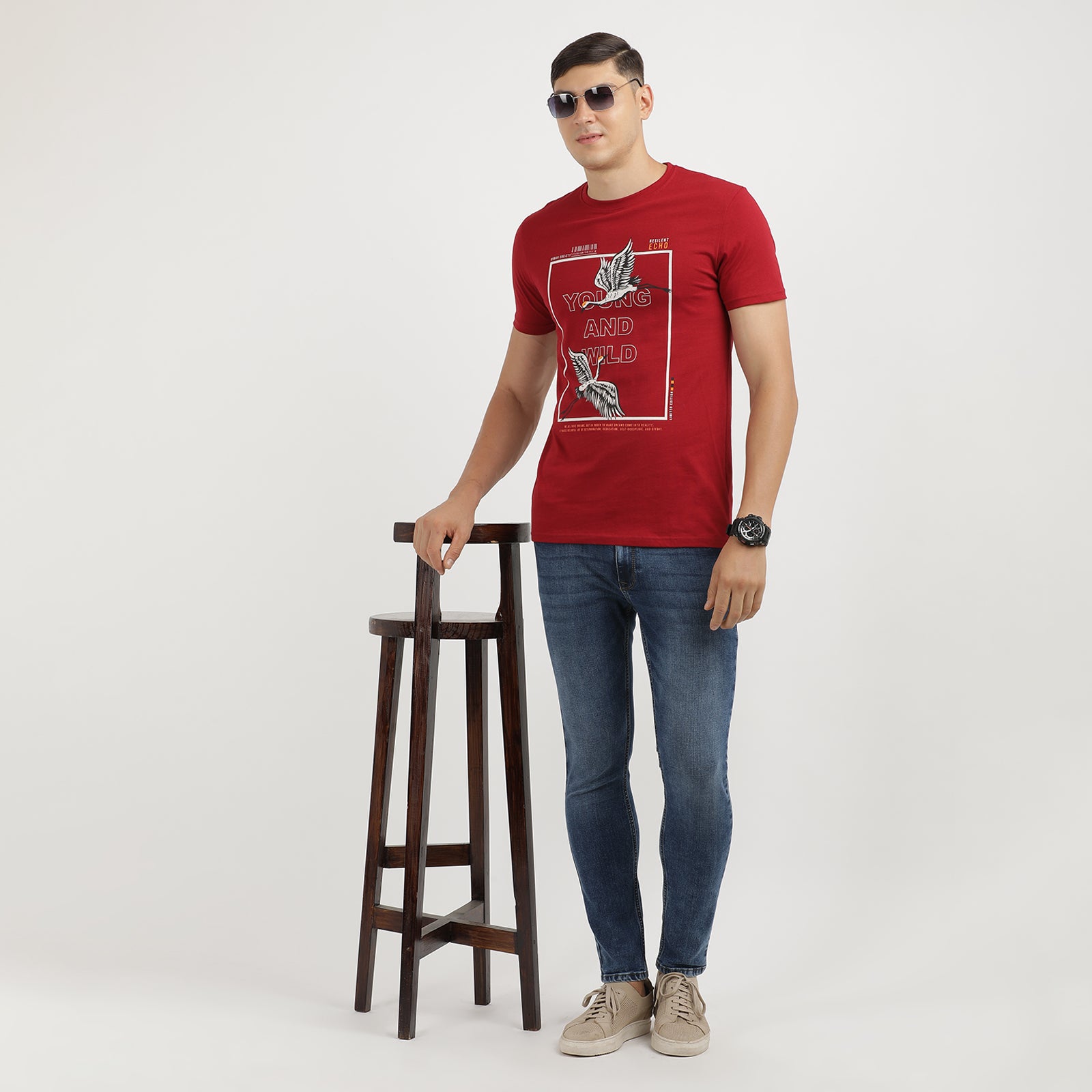 Men's Rio Red Young And Wild Round Neck Printed T-Shirt