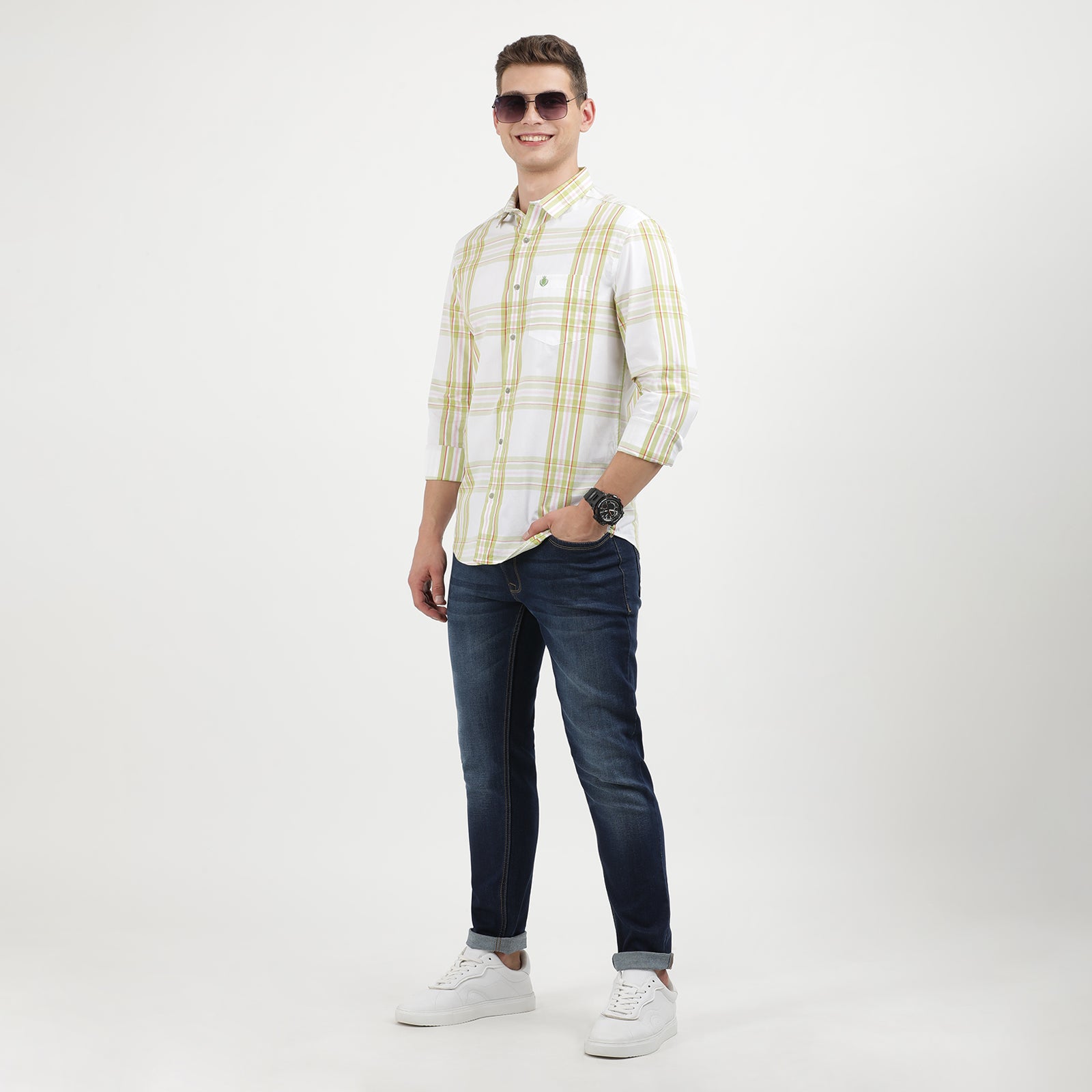 Men's Casual Long-Sleeve Plaid Shirt - White with Green Stripes