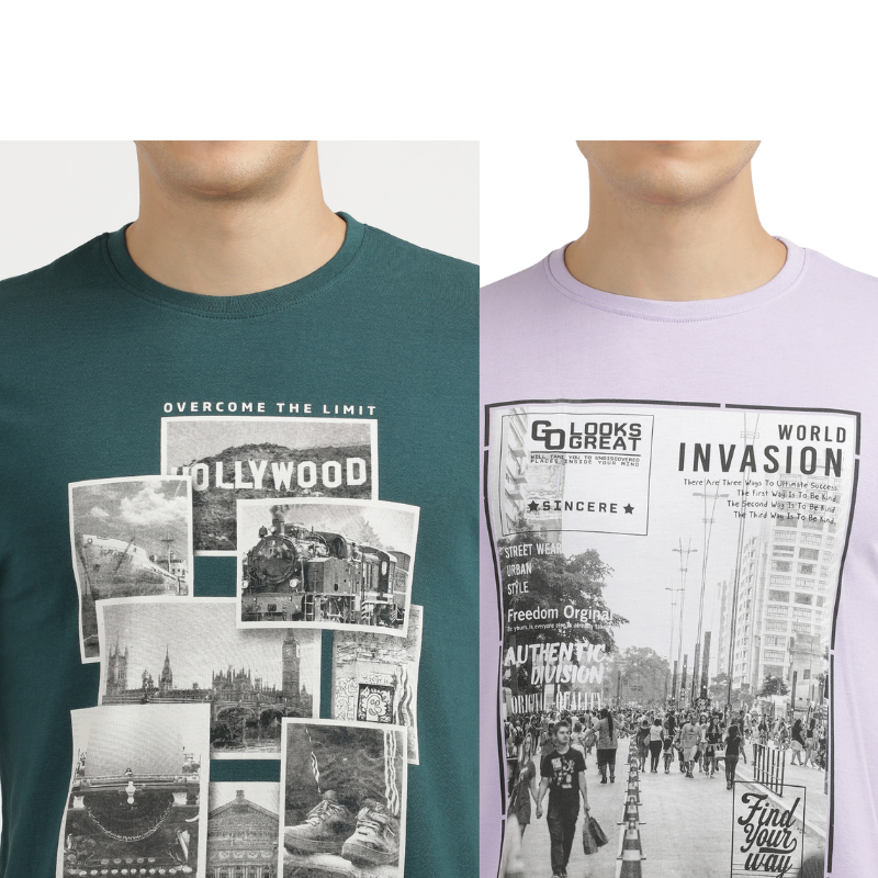 Men's Hollywood Over The Limit & World Invasion Find Your Way Round Neck Printed T-Shirt Pack of 2