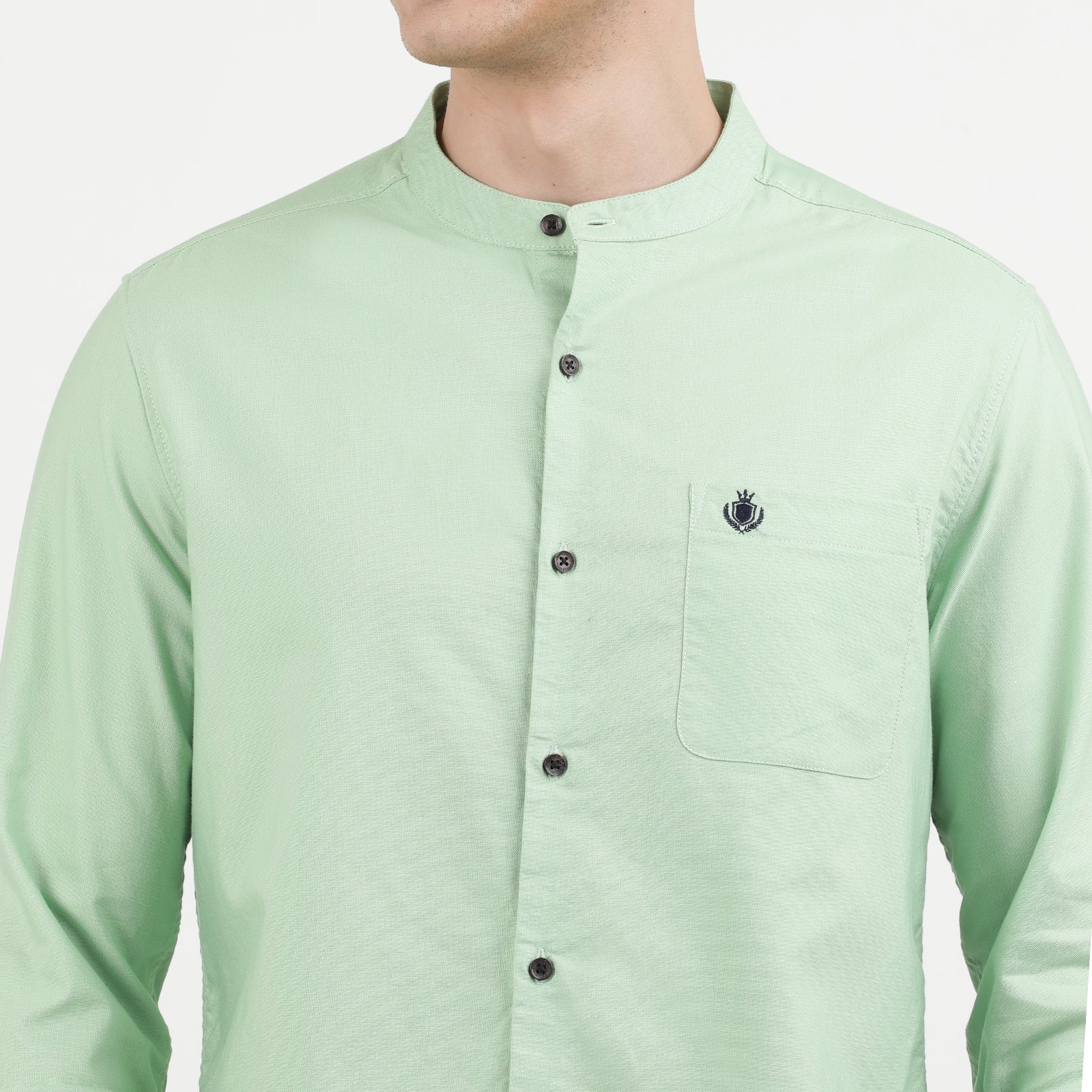 Green Solid Oxford Fabric Mandarin Collar Full Sleeve Casual Shirt